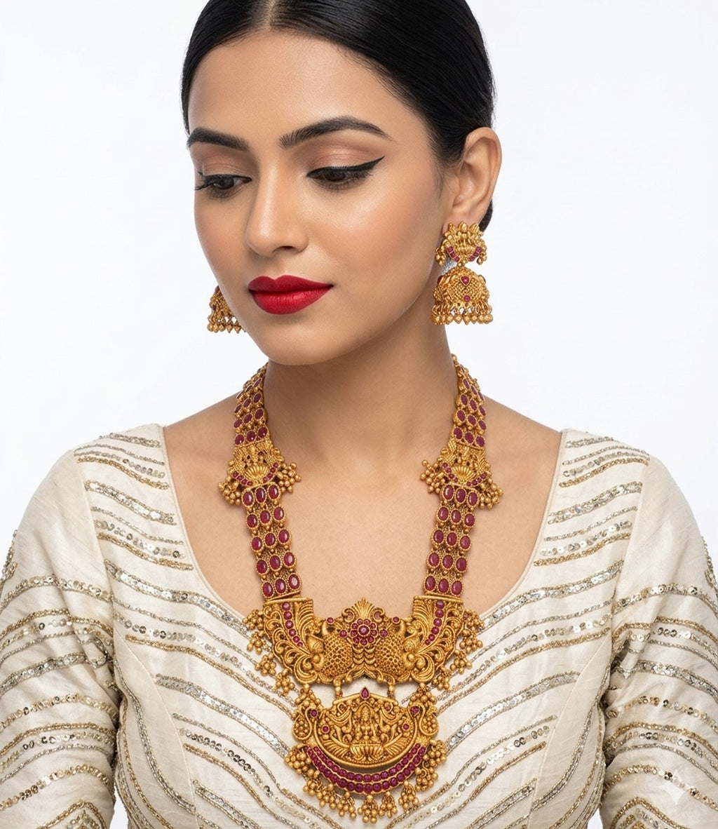 Jewel City Stunning Gold-Plated Temple Jewelry Set | Traditional Haram & Jhumkas | Bridal & Festival Wear | Grocsy