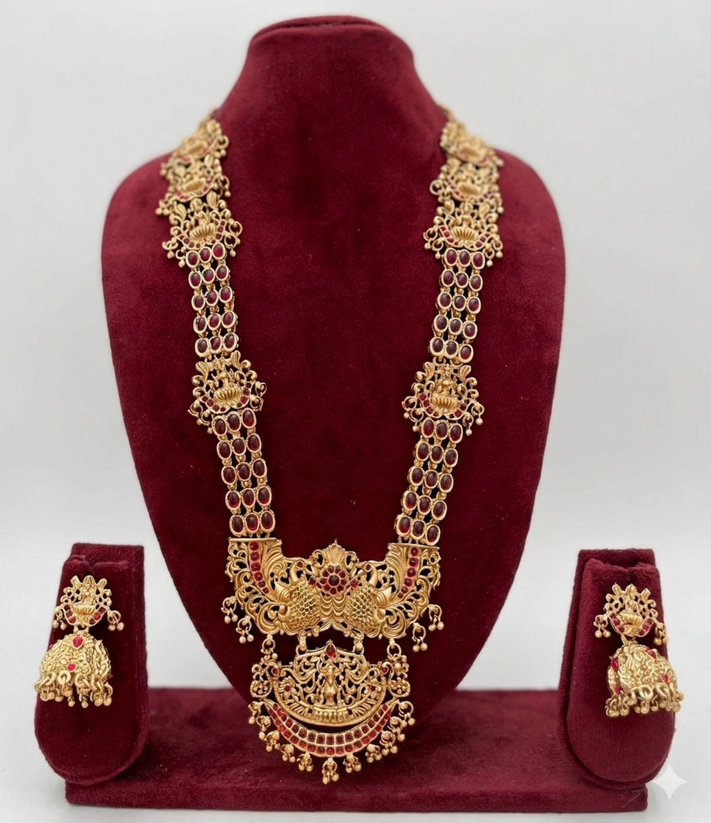 Jewel City Stunning Gold-Plated Temple Jewelry Set | Traditional Haram & Jhumkas | Bridal & Festival Wear | Grocsy