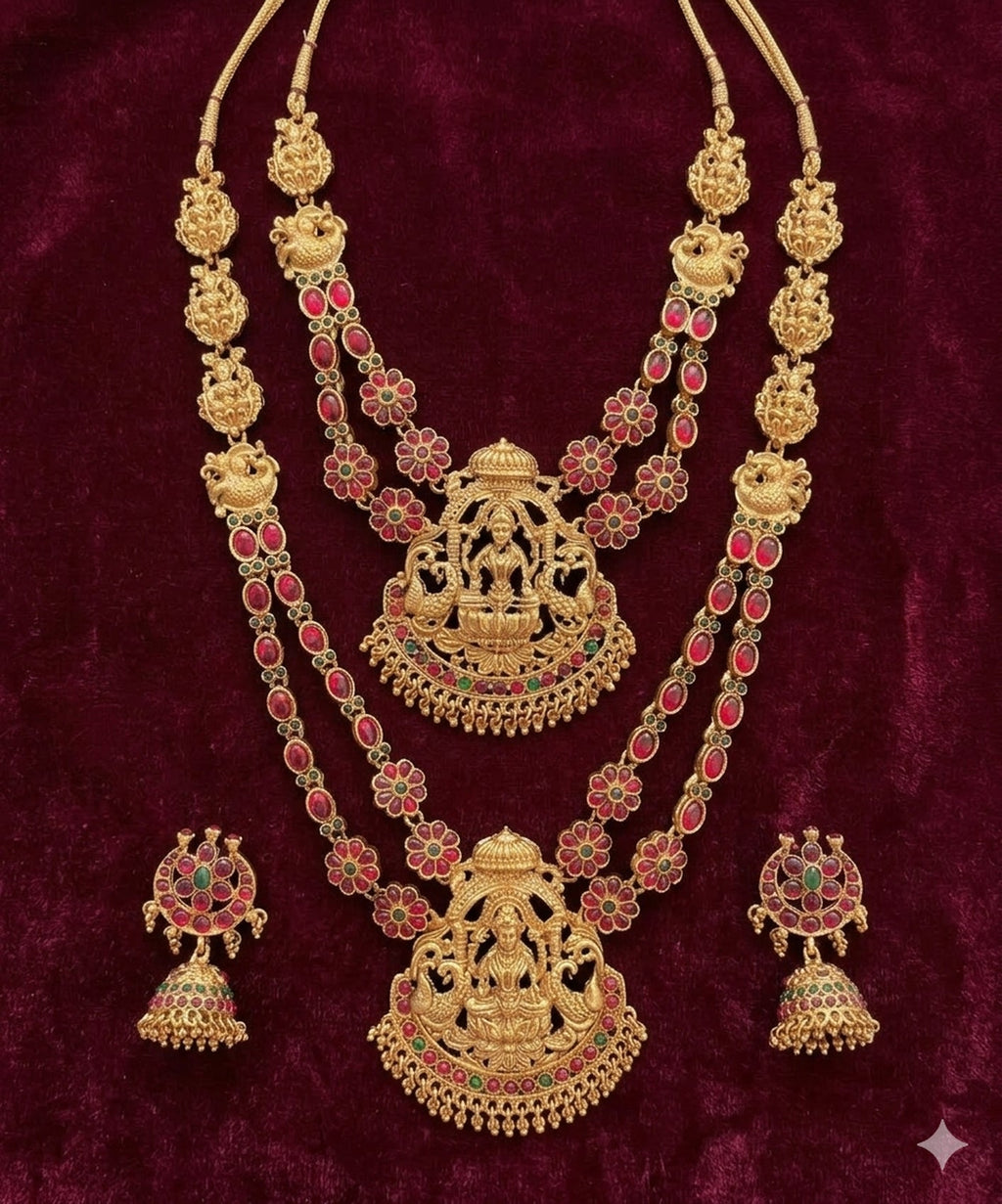 Jewel City Traditional Matte Gold Lakshmi Temple Necklace Set with Ruby & Emerald Stones | Grocsy