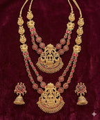 Jewel City Traditional Matte Gold Lakshmi Temple Necklace Set with Ruby & Emerald Stones | Grocsy