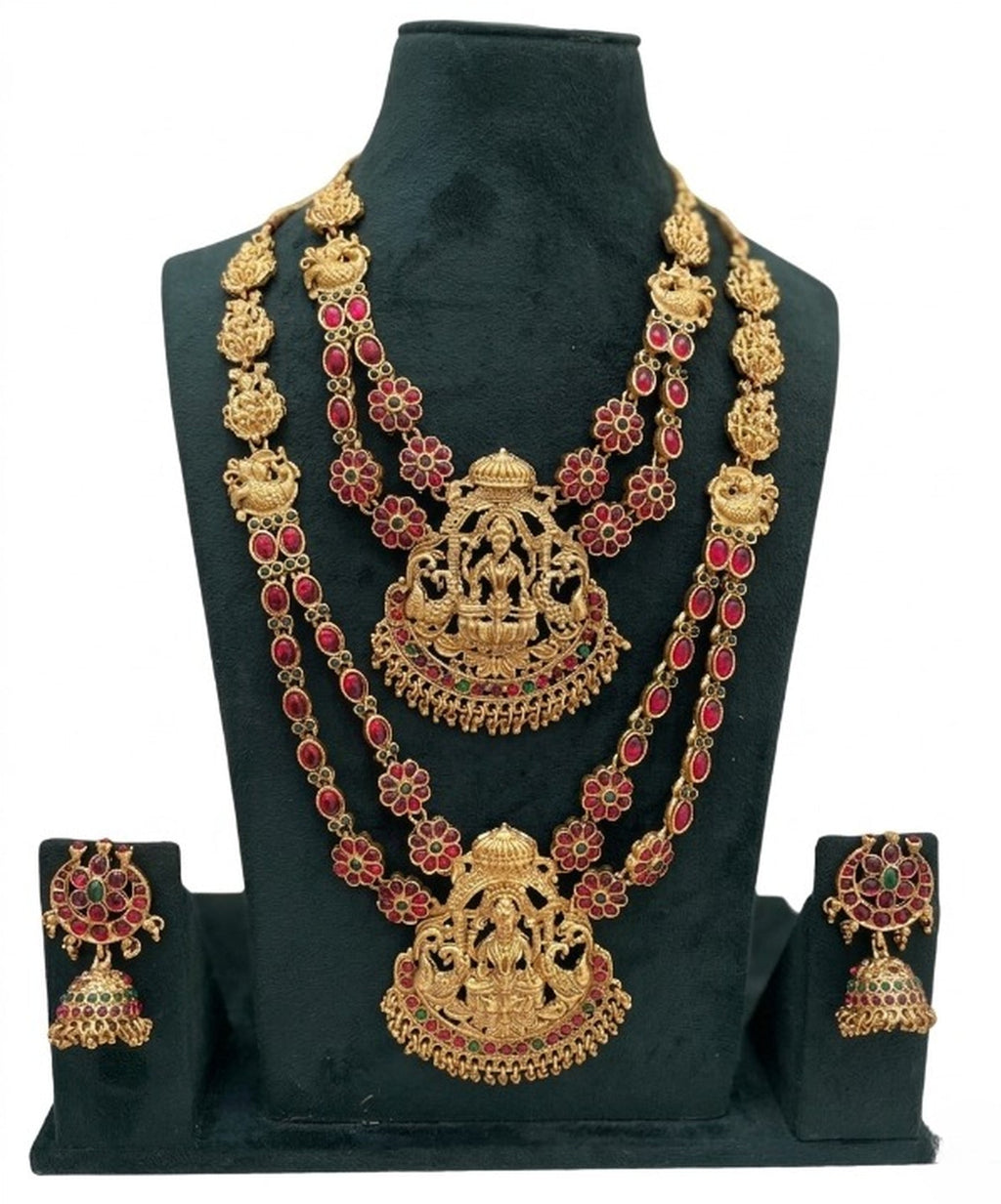 Jewel City Traditional Matte Gold Lakshmi Temple Necklace Set with Ruby & Emerald Stones | Grocsy