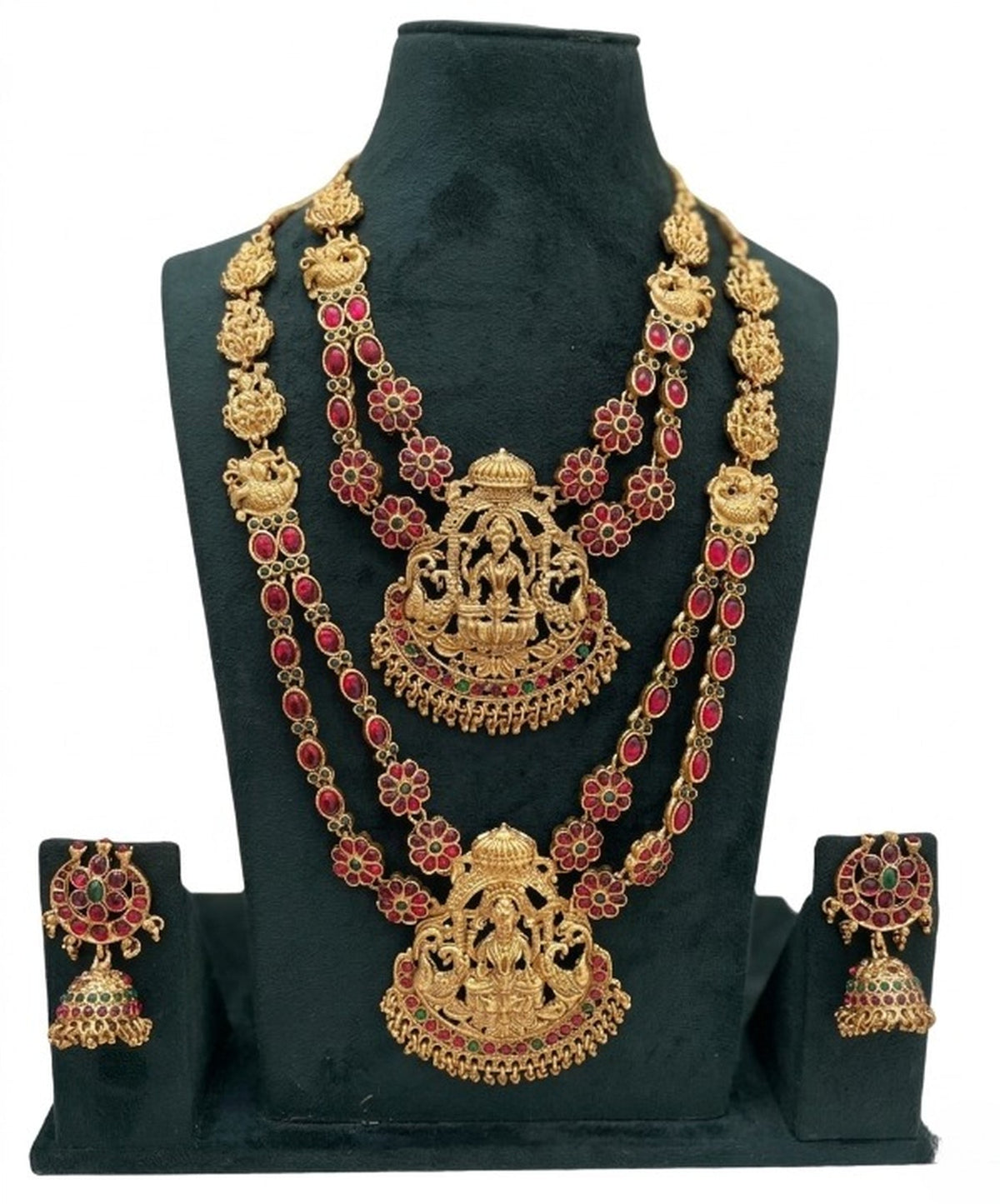 Jewel City Traditional Matte Gold Lakshmi Temple Necklace Set with Ruby & Emerald Stones | Grocsy