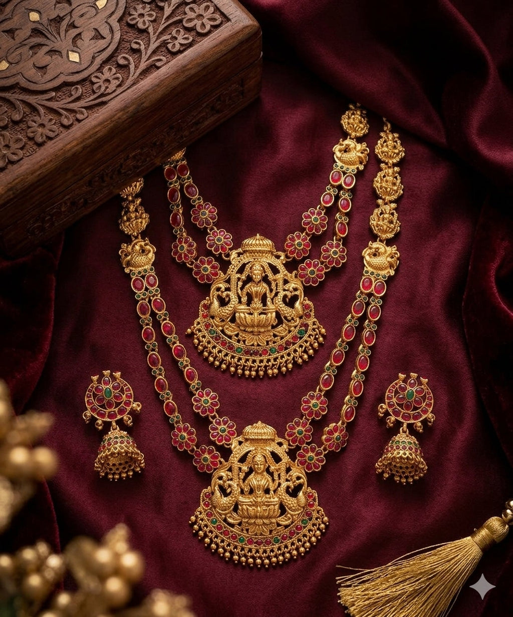 Jewel City Traditional Matte Gold Lakshmi Temple Necklace Set with Ruby & Emerald Stones | Grocsy