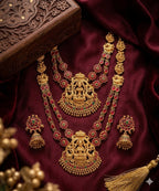 Jewel City Traditional Matte Gold Lakshmi Temple Necklace Set with Ruby & Emerald Stones | Grocsy