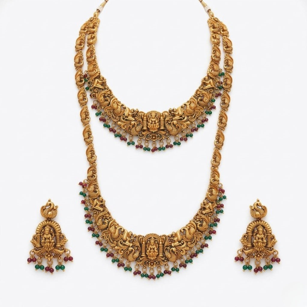 Jewel City Handcrafted Traditional Gold-Plated Temple Jewelry Set | Ethnic Bridal Lakshmi Necklace & Earrings for Women | Grocsy