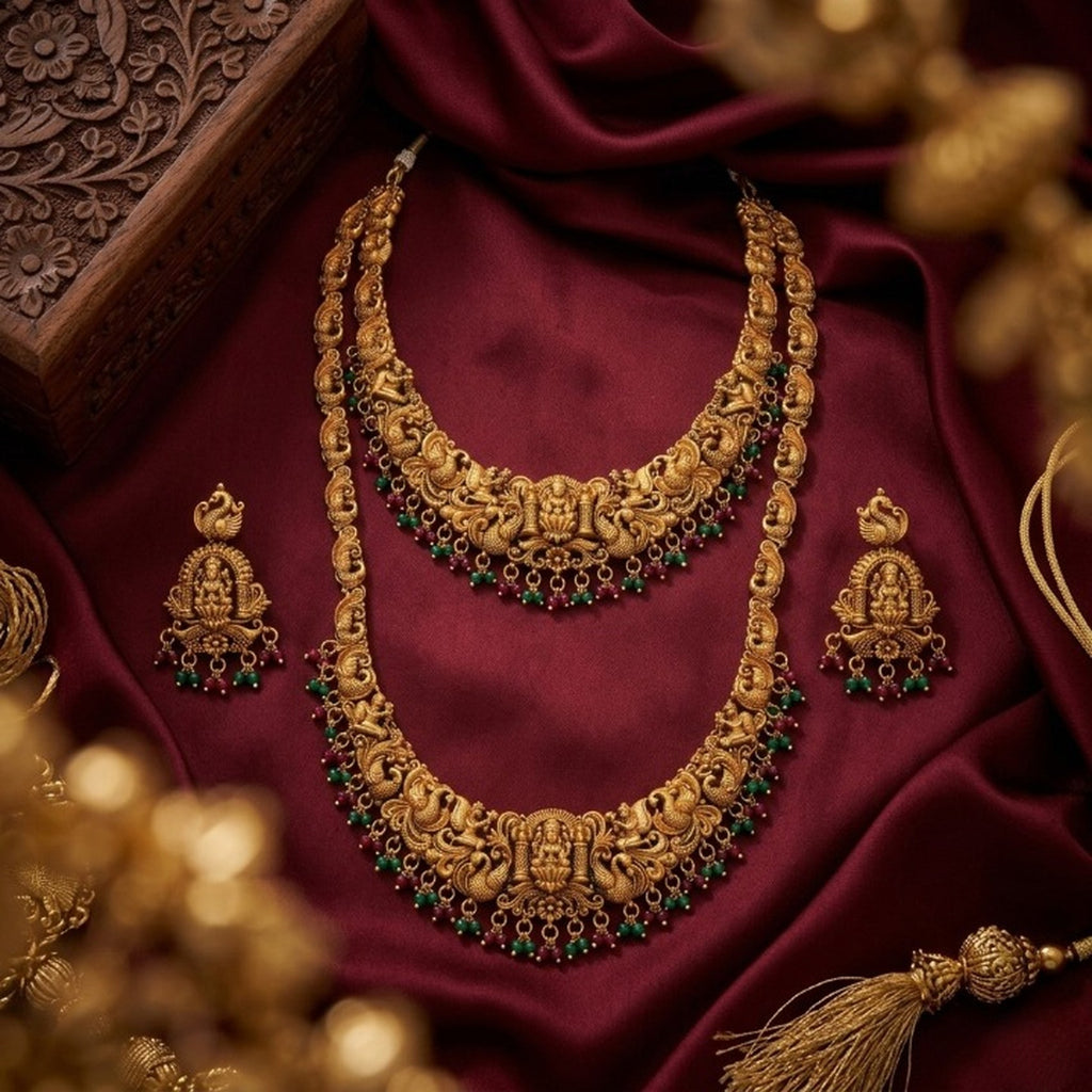 Jewel City Handcrafted Traditional Gold-Plated Temple Jewelry Set | Ethnic Bridal Lakshmi Necklace & Earrings for Women | Grocsy