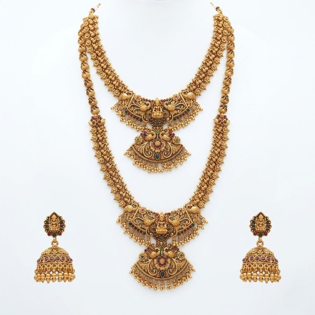 Jewel City Exquisite Handcrafted Antique Gold Temple Jewelry Set - Short Choker, Long Haram & Jhumka Earrings | Grocsy