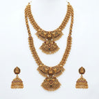 Jewel City Exquisite Handcrafted Antique Gold Temple Jewelry Set - Short Choker, Long Haram & Jhumka Earrings | Grocsy