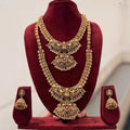 Jewel City Exquisite Handcrafted Antique Gold Temple Jewelry Set - Short Choker, Long Haram & Jhumka Earrings | Grocsy
