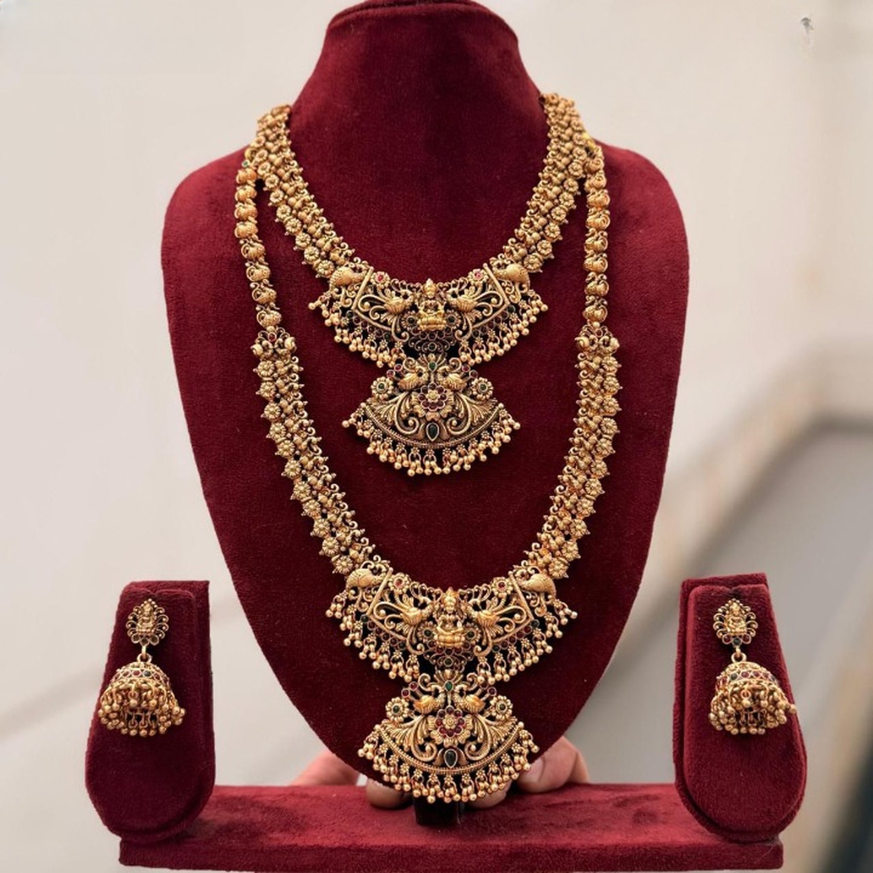 Jewel City Exquisite Handcrafted Antique Gold Temple Jewelry Set - Short Choker, Long Haram & Jhumka Earrings | Grocsy