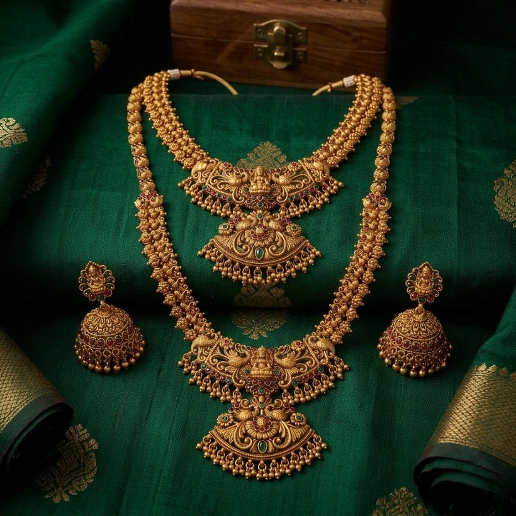 Jewel City Exquisite Handcrafted Antique Gold Temple Jewelry Set - Short Choker, Long Haram & Jhumka Earrings | Grocsy