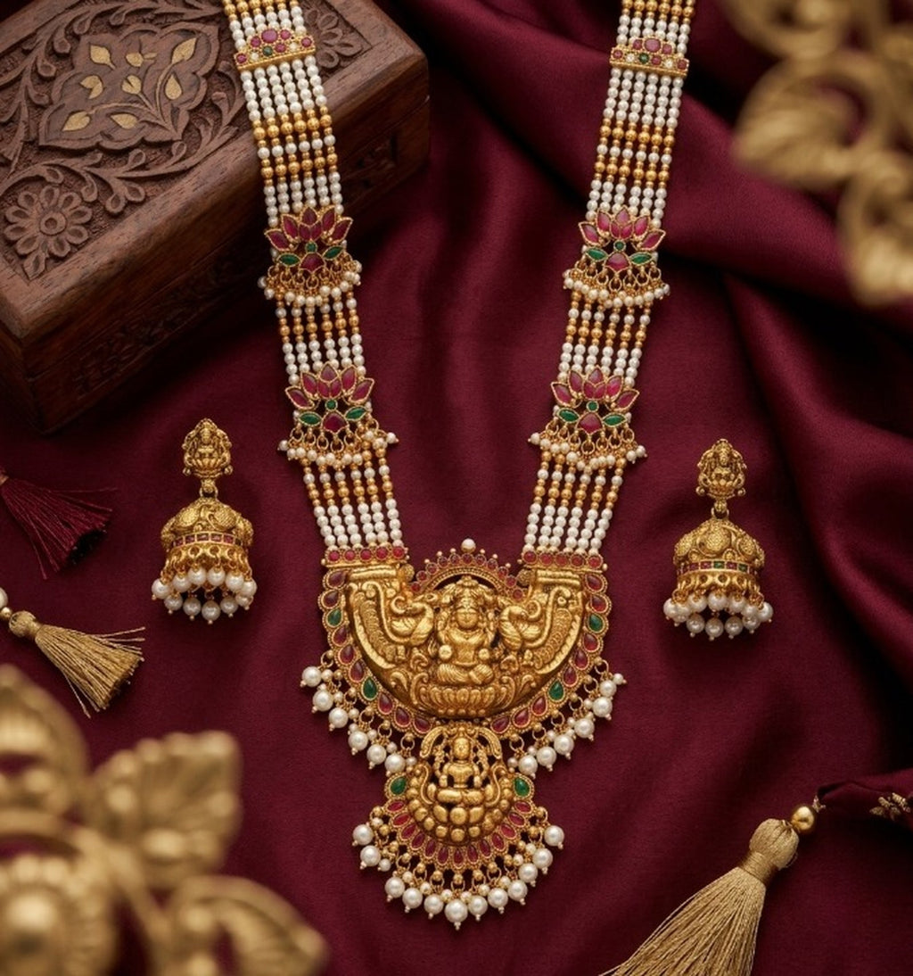 Jewel City Exquisite Temple Jewelry: Handcrafted Gold-Plated Long Pearl Necklace Set with Goddess Pendant & Jhumkas | Grocsy