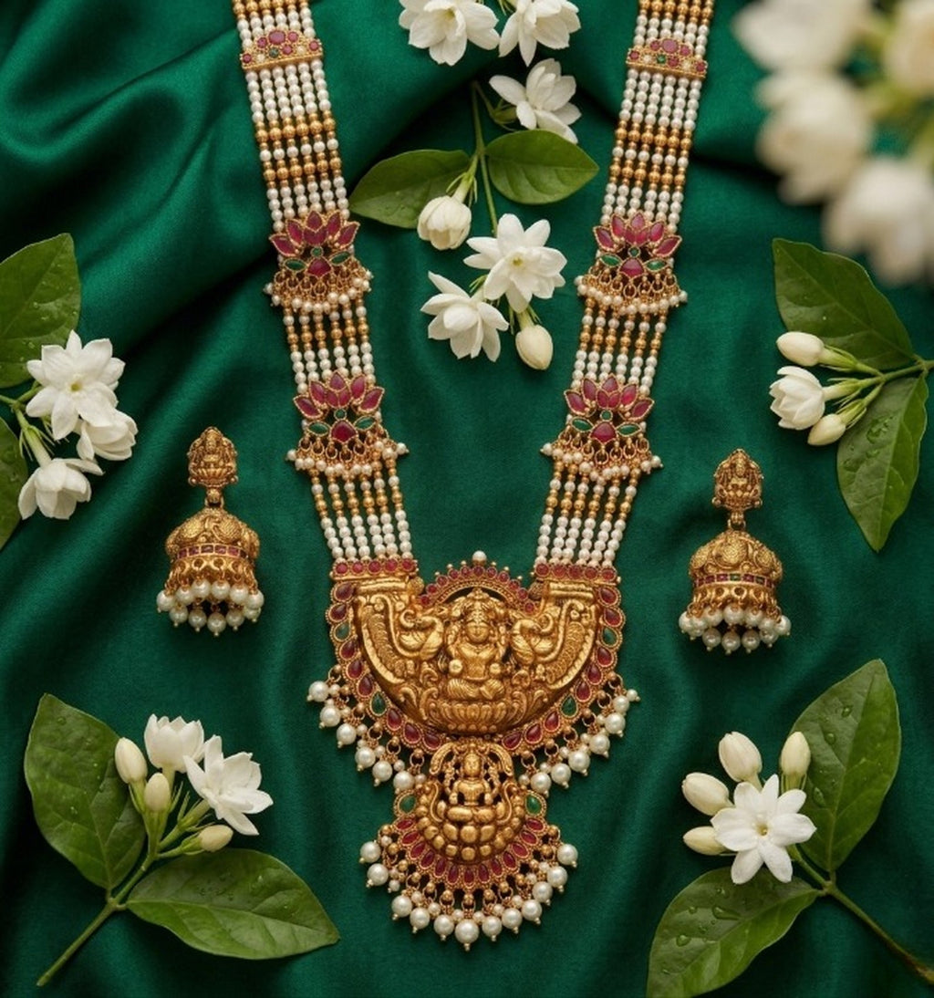 Jewel City Exquisite Temple Jewelry: Handcrafted Gold-Plated Long Pearl Necklace Set with Goddess Pendant & Jhumkas | Grocsy
