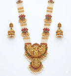 Jewel City Exquisite Temple Jewelry: Handcrafted Gold-Plated Long Pearl Necklace Set with Goddess Pendant & Jhumkas | Grocsy
