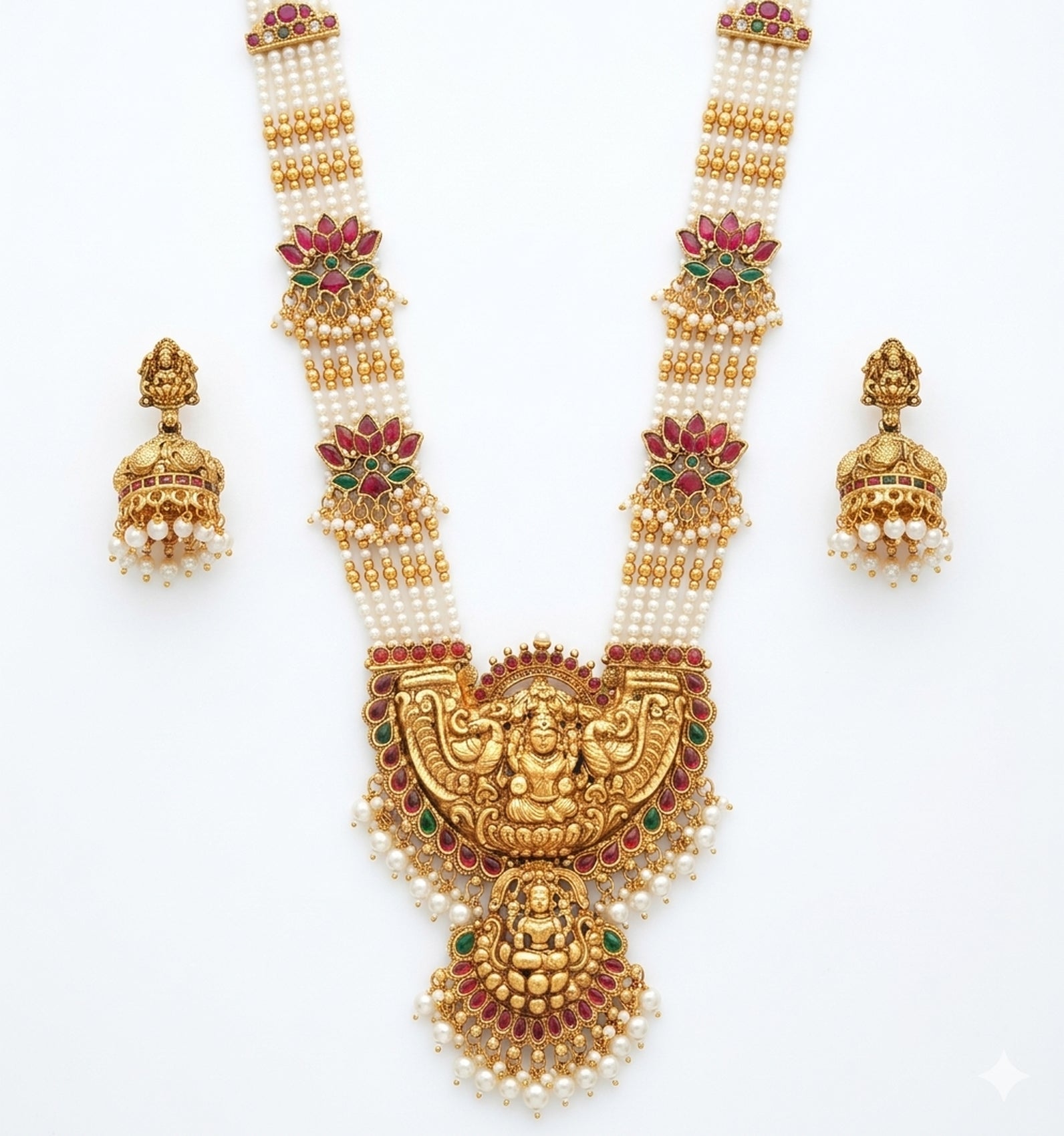 Jewel City Exquisite Temple Jewelry: Handcrafted Gold-Plated Long Pearl Necklace Set with Goddess Pendant & Jhumkas | Grocsy