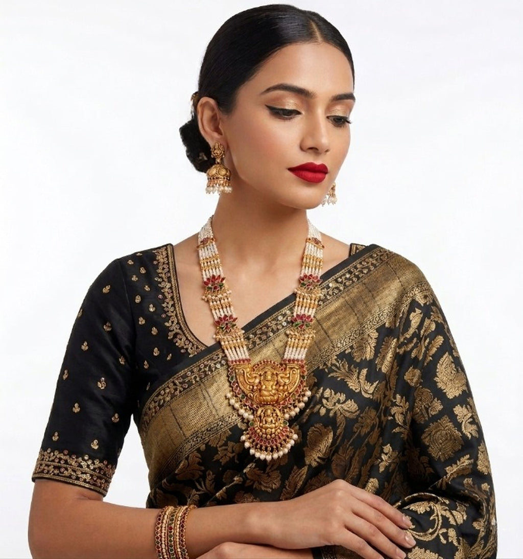Jewel City Exquisite Temple Jewelry: Handcrafted Gold-Plated Long Pearl Necklace Set with Goddess Pendant & Jhumkas | Grocsy