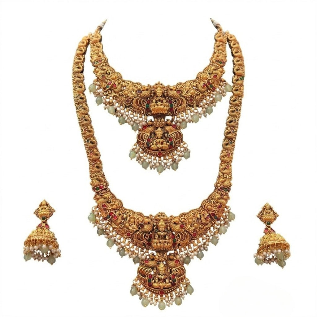 Jewel City Antique Gold-Plated Traditional Indian Temple Haram & Choker Set with Jhumka Earrings - Statement Bridal Jewelry | Grocsy