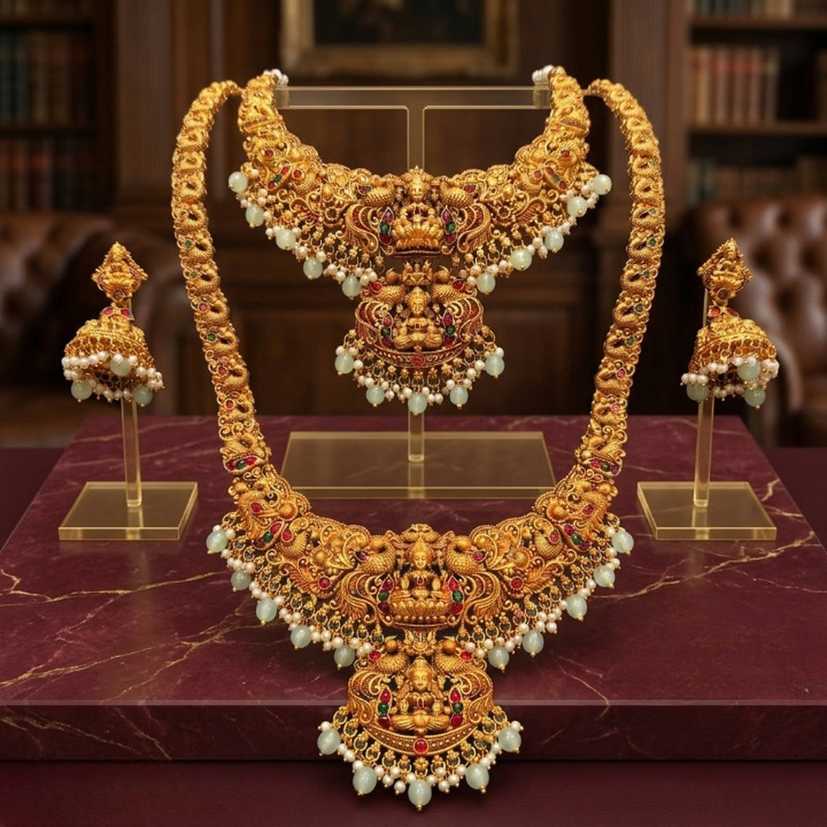 Jewel City Antique Gold-Plated Traditional Indian Temple Haram & Choker Set with Jhumka Earrings - Statement Bridal Jewelry | Grocsy