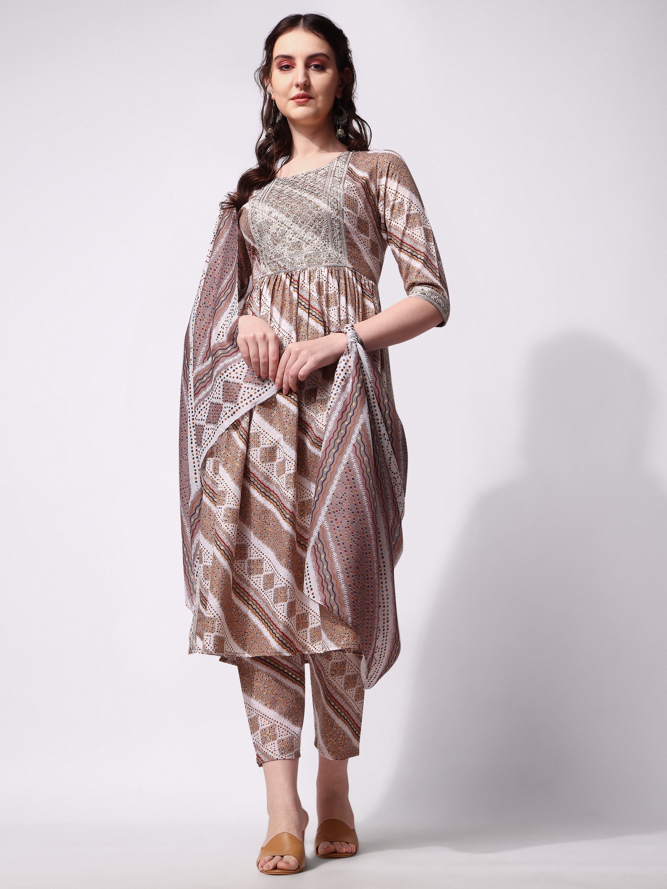 Nayra Cut Embroidered Kurta With Pant And Dupatta Set, Multicolor - Hiral Fashion | Grocsy