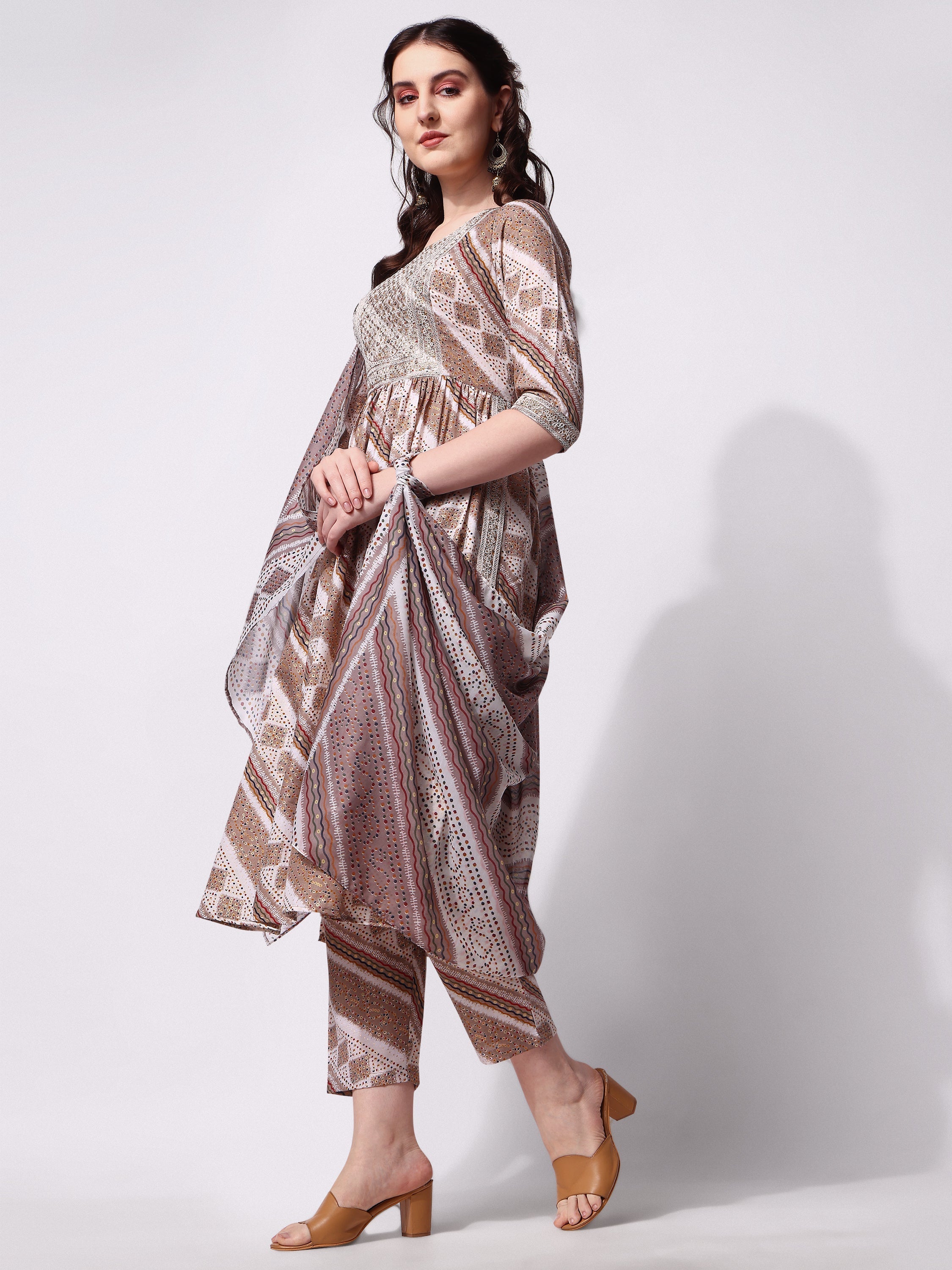 Nayra Cut Embroidered Kurta With Pant And Dupatta Set, Multicolor - Hiral Fashion | Grocsy