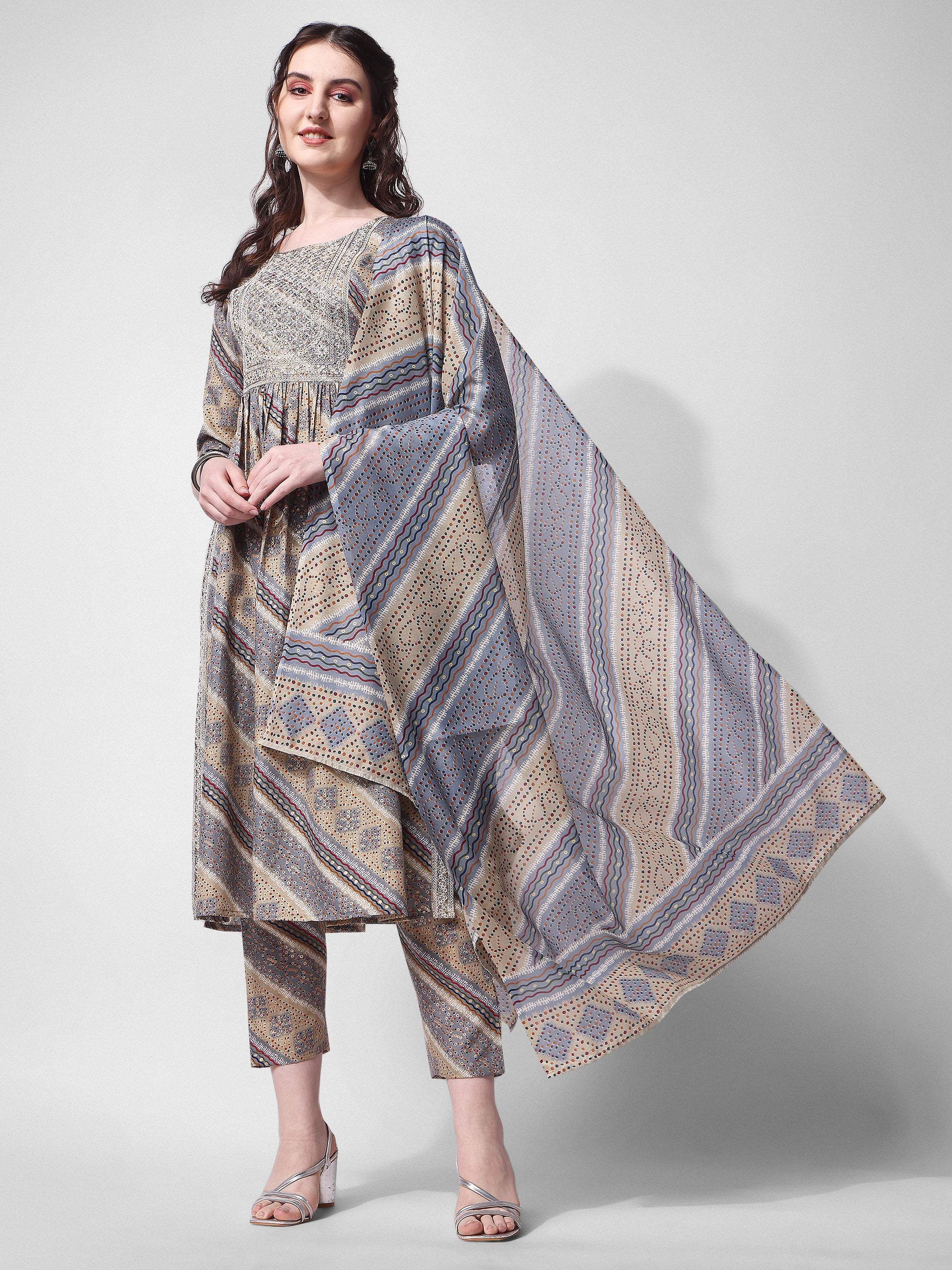 Nayra Cut Embroidered Kurta With Pant And Dupatta Set, Multicolor - Hiral Fashion | Grocsy