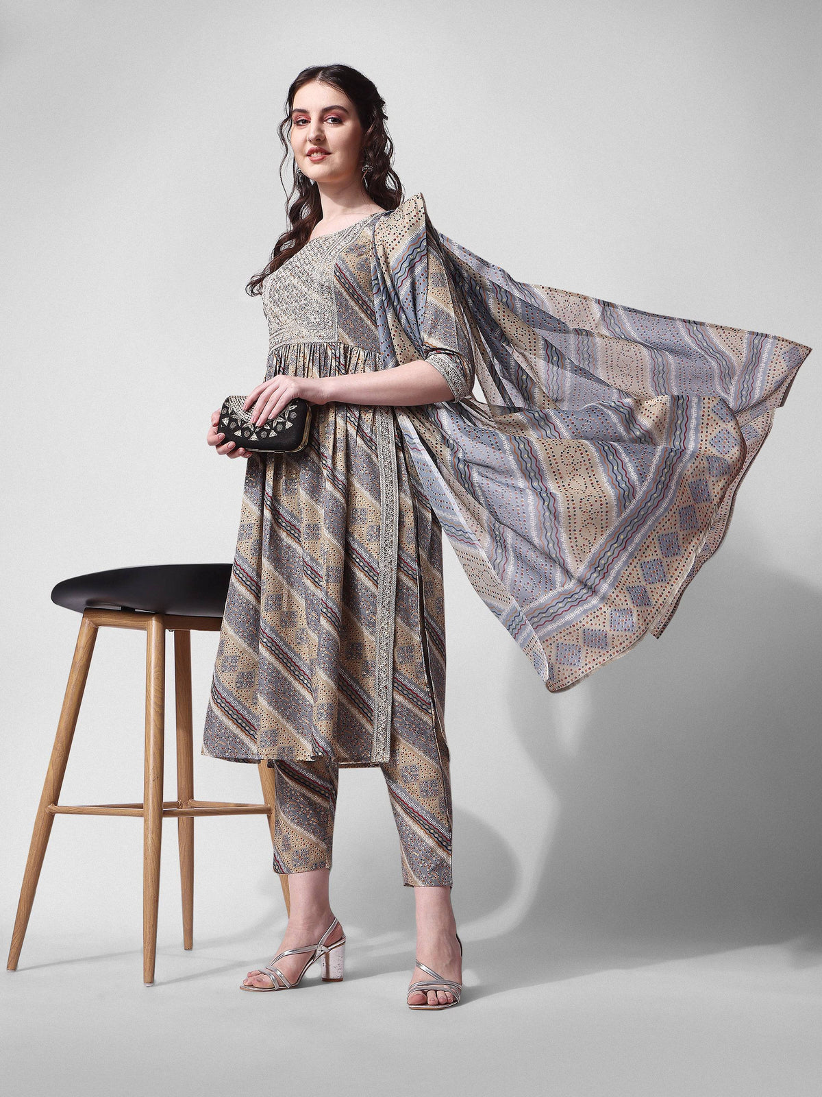 Nayra Cut Embroidered Kurta With Pant And Dupatta Set, Multicolor - Hiral Fashion | Grocsy