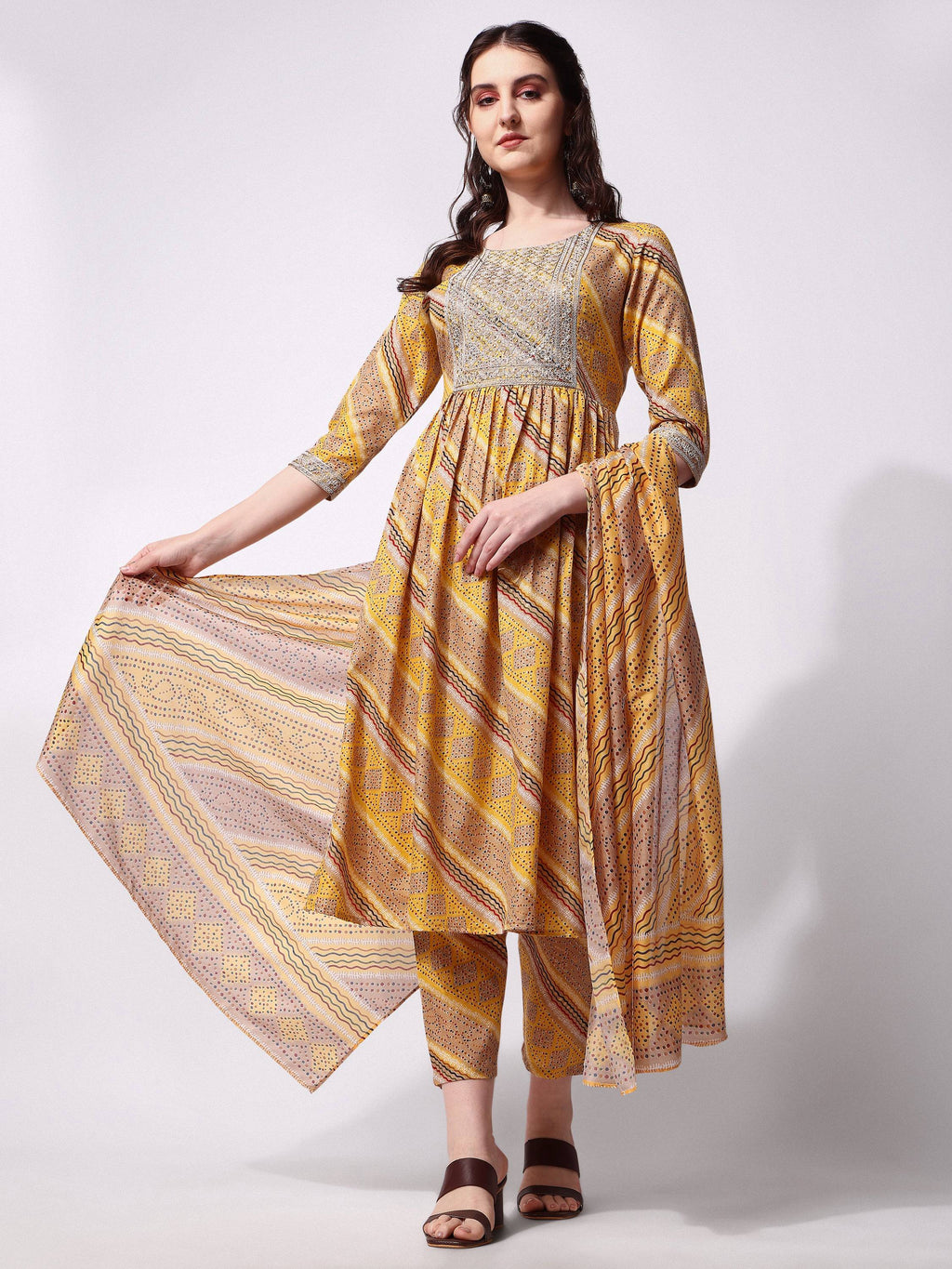 Nayra Cut Embroidered Kurta With Pant And Dupatta Set, Multicolor - Hiral Fashion | Grocsy