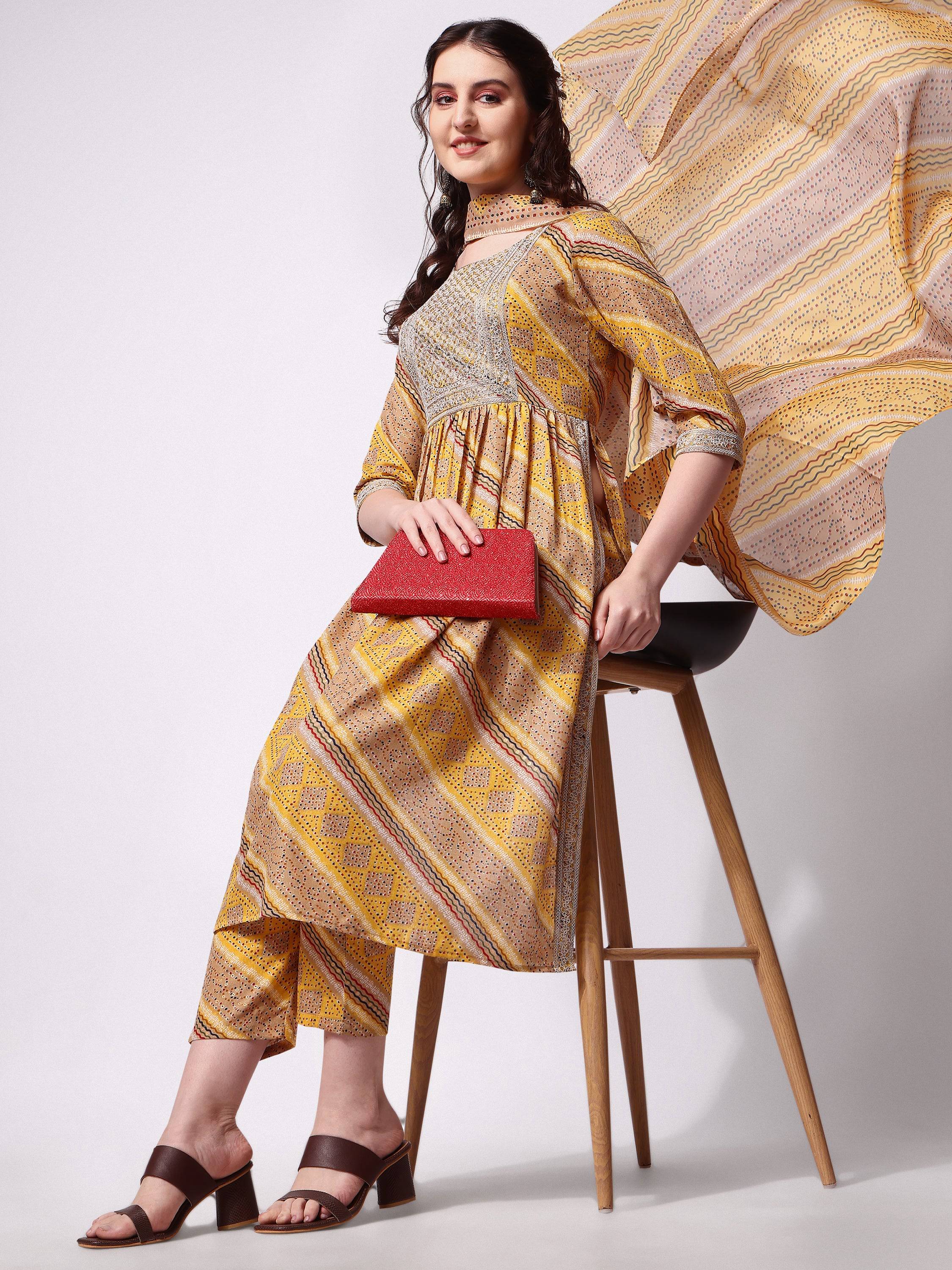 Nayra Cut Embroidered Kurta With Pant And Dupatta Set, Multicolor - Hiral Fashion | Grocsy