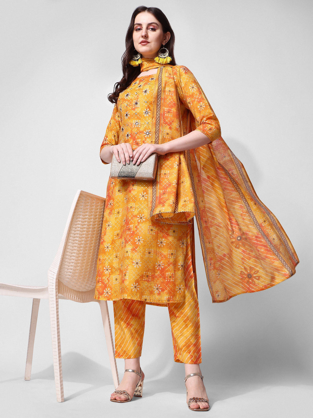 Printed & Embroidered Kurta With Pant & Dupatta Set, Multicolor - Hiral Fashion | Grocsy