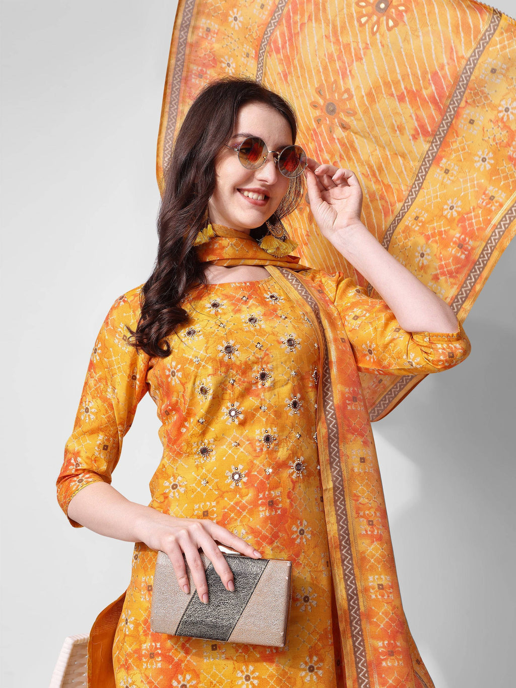 Printed & Embroidered Kurta With Pant & Dupatta Set, Multicolor - Hiral Fashion | Grocsy