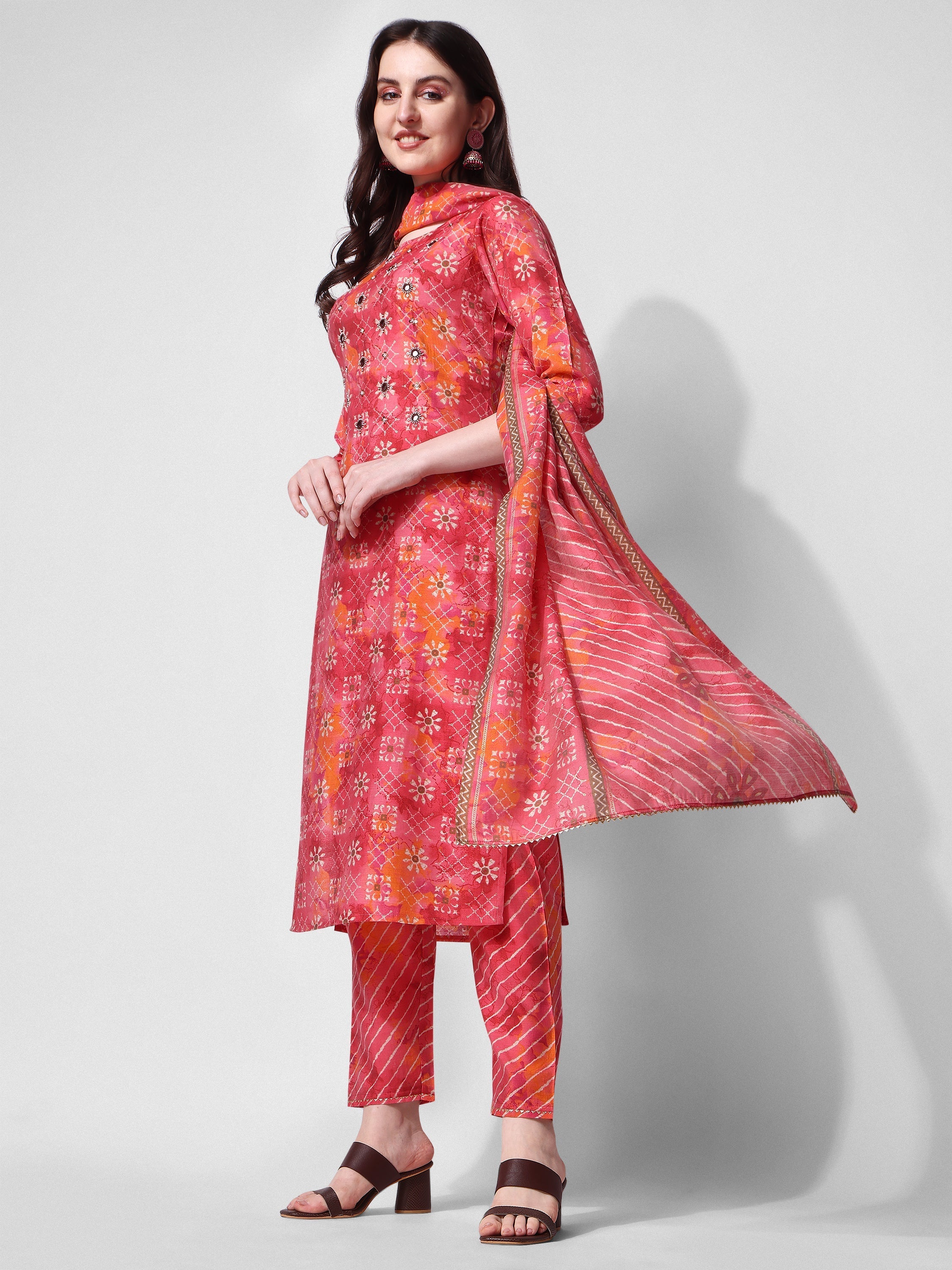Printed & Embroidered Kurta With Pant & Dupatta Set, Multicolor - Hiral Fashion | Grocsy