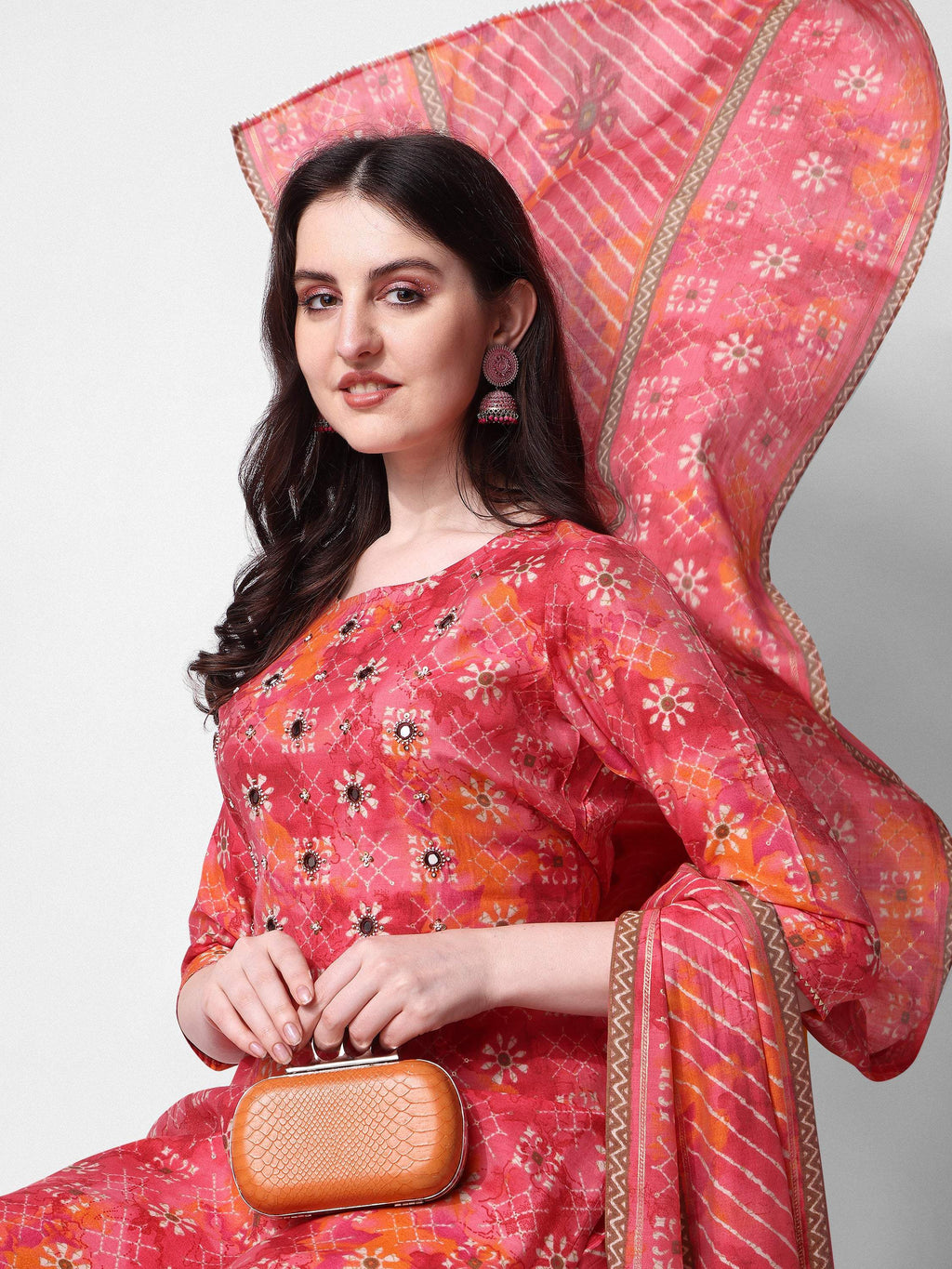 Printed & Embroidered Kurta With Pant & Dupatta Set, Multicolor - Hiral Fashion | Grocsy