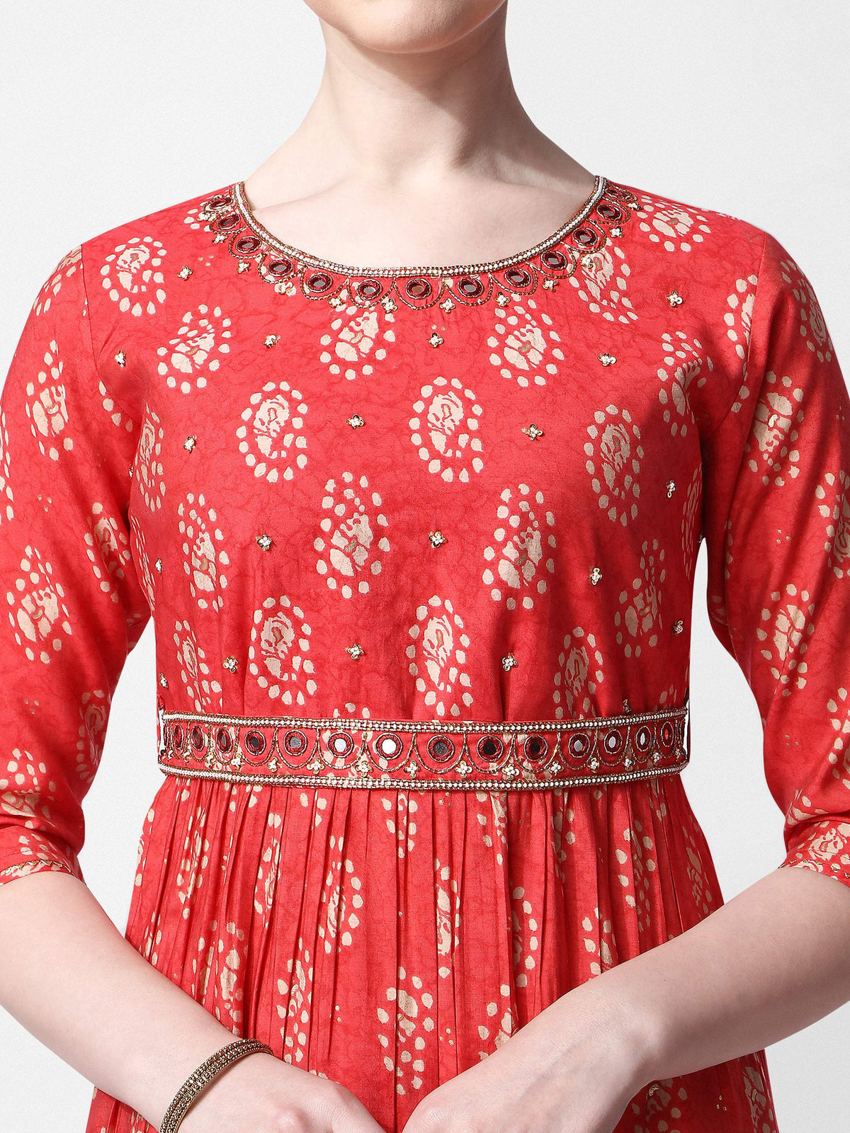Nayra Cut Embroidered Kurta With Pant, Dupatta & Embroidered Belt Set, Multicolor - Hiral Fashion | Grocsy