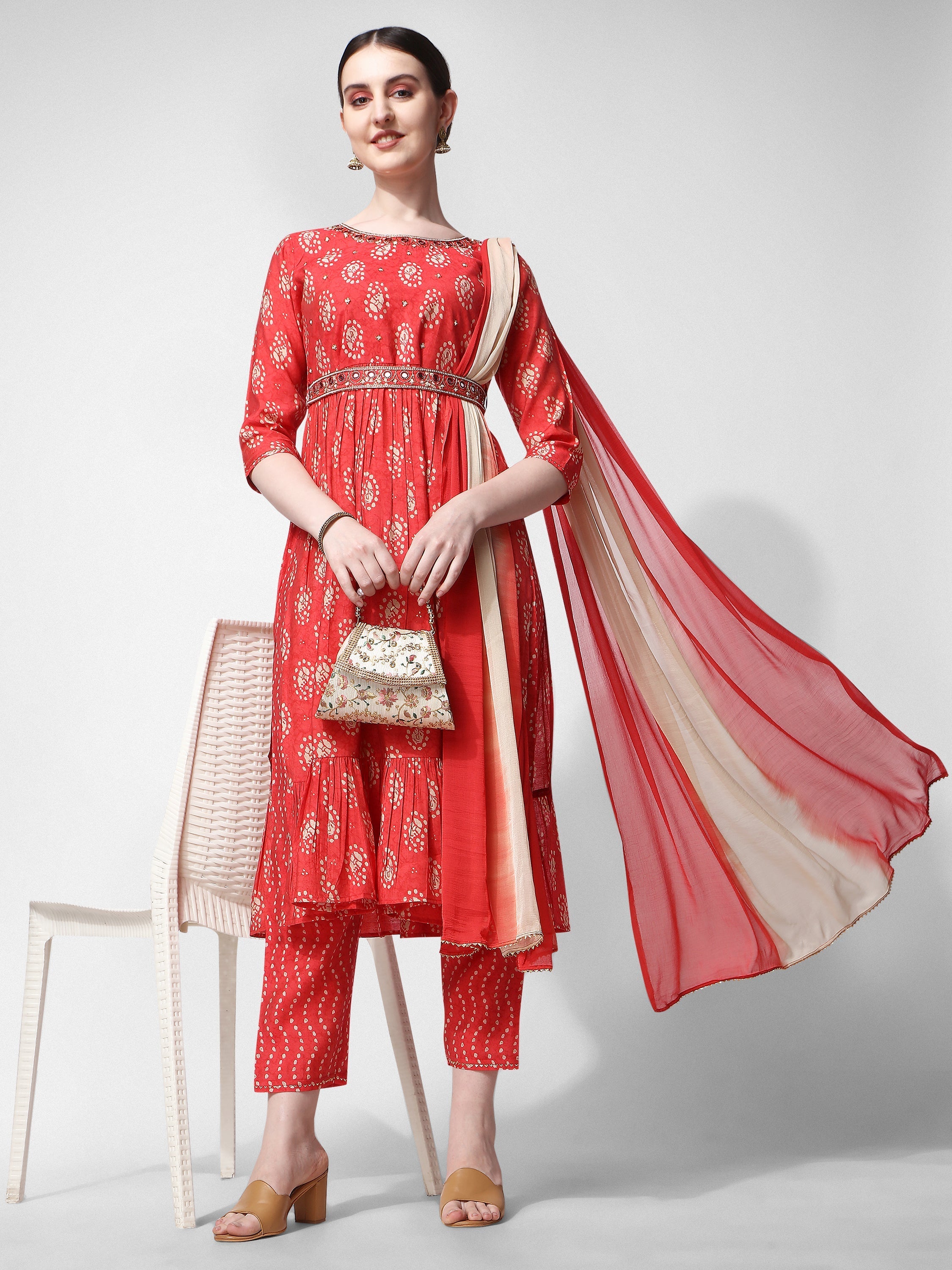 Nayra Cut Embroidered Kurta With Pant, Dupatta & Embroidered Belt Set, Multicolor - Hiral Fashion | Grocsy