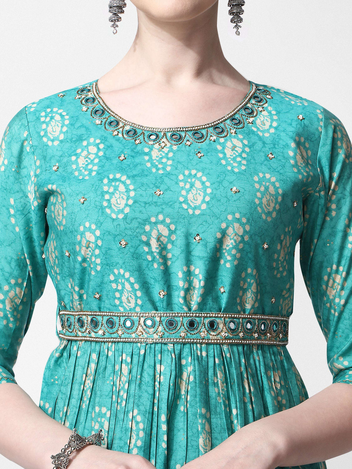 Nayra Cut Embroidered Kurta With Pant, Dupatta & Embroidered Belt Set, Multicolor - Hiral Fashion | Grocsy
