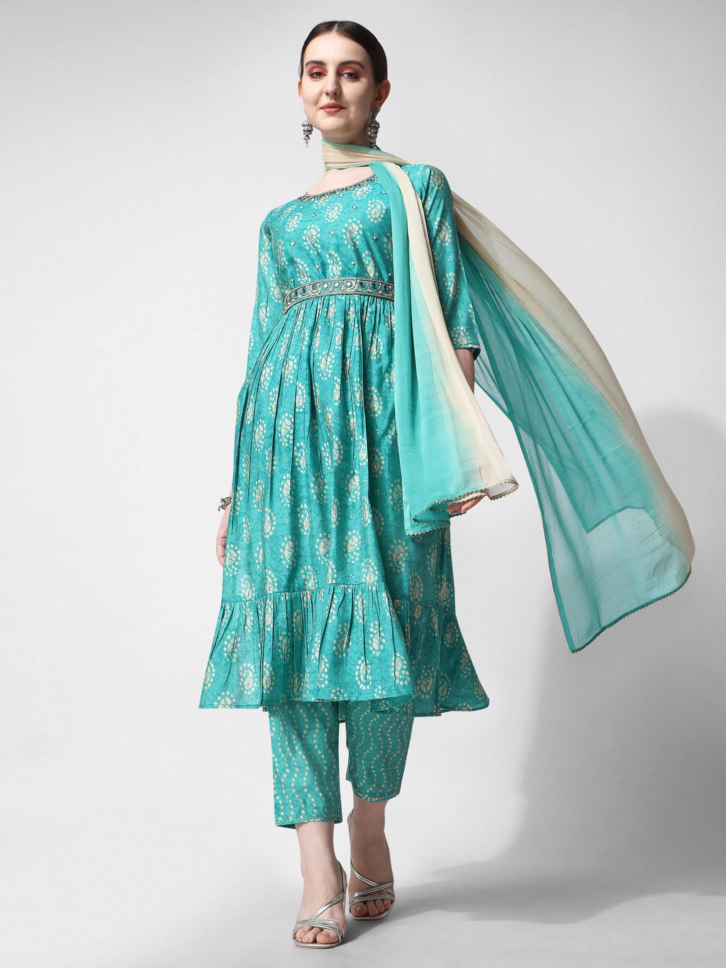 Nayra Cut Embroidered Kurta With Pant, Dupatta & Embroidered Belt Set, Multicolor - Hiral Fashion | Grocsy