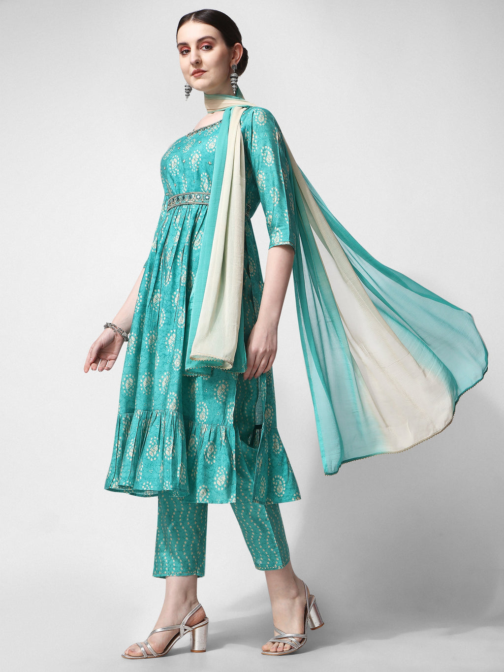 Nayra Cut Embroidered Kurta With Pant, Dupatta & Embroidered Belt Set, Multicolor - Hiral Fashion | Grocsy