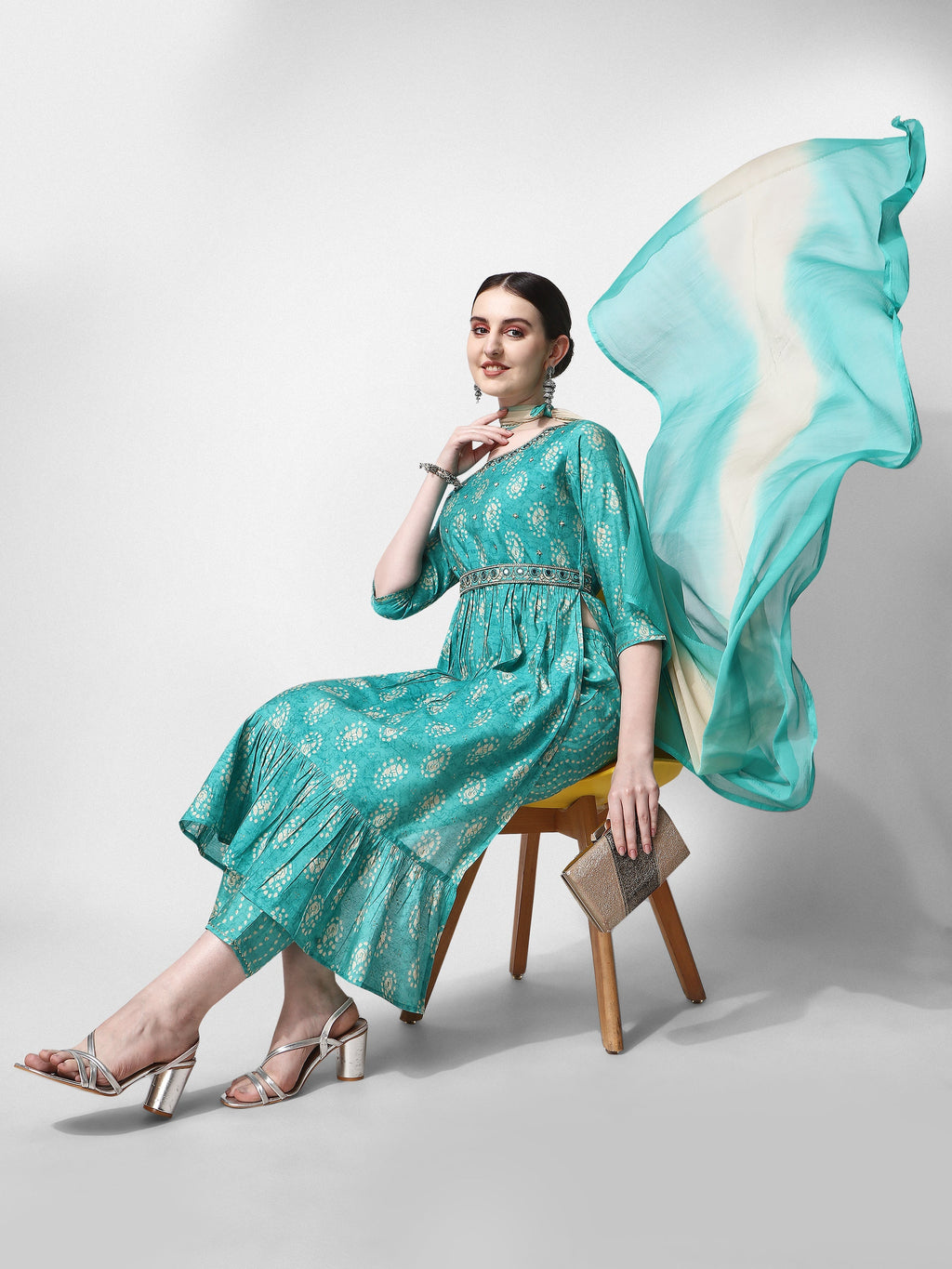 Nayra Cut Embroidered Kurta With Pant, Dupatta & Embroidered Belt Set, Multicolor - Hiral Fashion | Grocsy