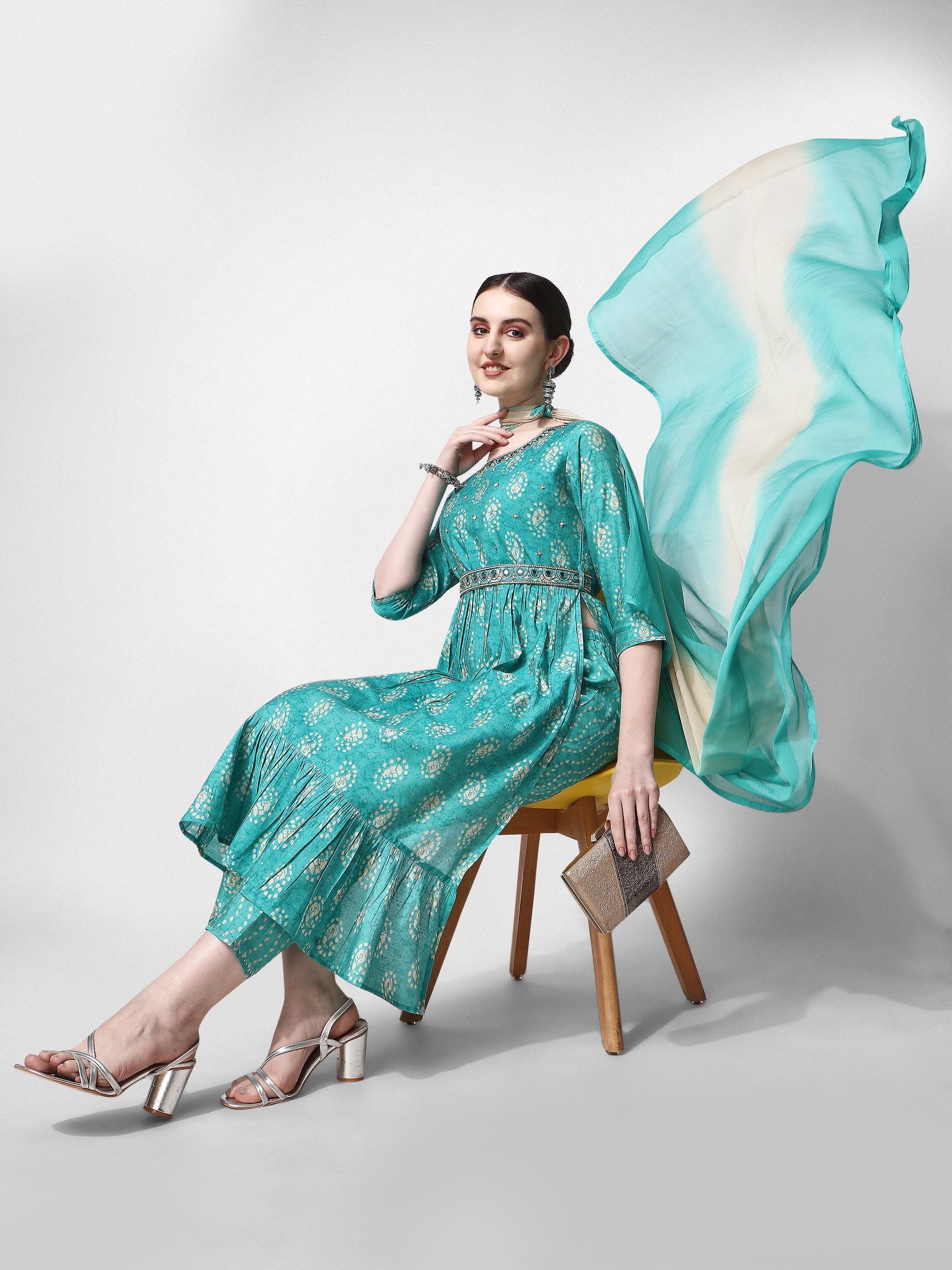 Nayra Cut Embroidered Kurta With Pant, Dupatta & Embroidered Belt Set, Multicolor - Hiral Fashion | Grocsy
