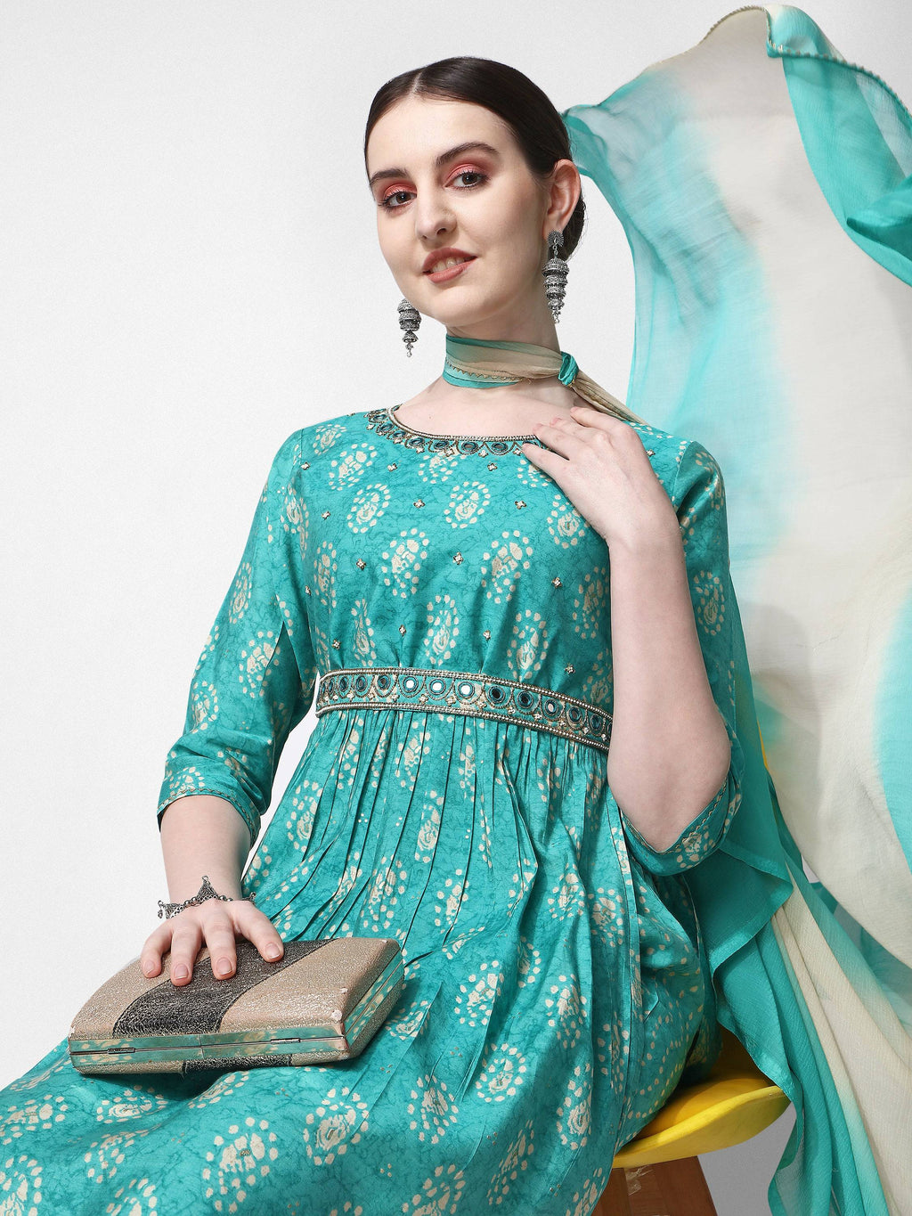 Nayra Cut Embroidered Kurta With Pant, Dupatta & Embroidered Belt Set, Multicolor - Hiral Fashion | Grocsy