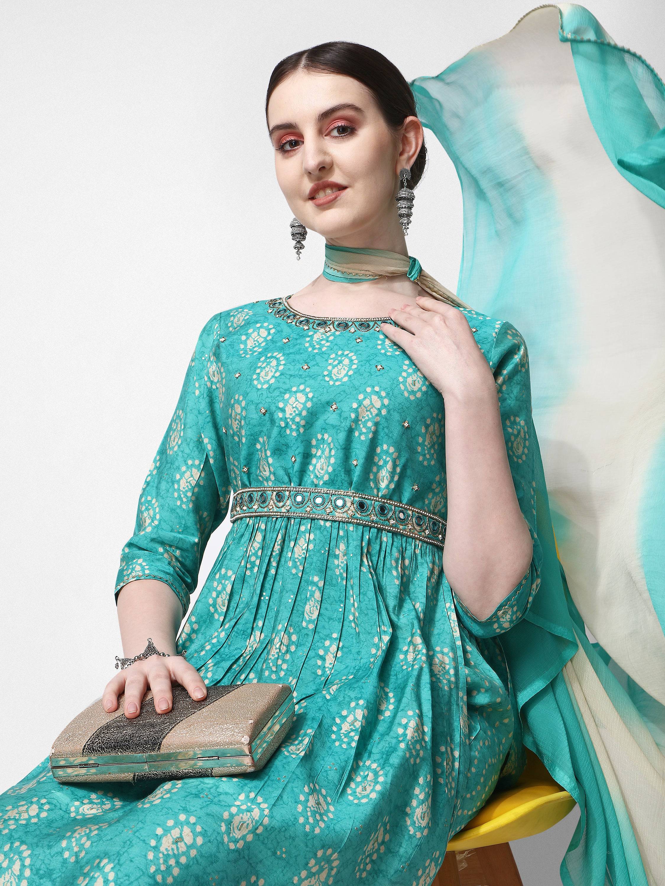 Nayra Cut Embroidered Kurta With Pant, Dupatta & Embroidered Belt Set, Multicolor - Hiral Fashion | Grocsy