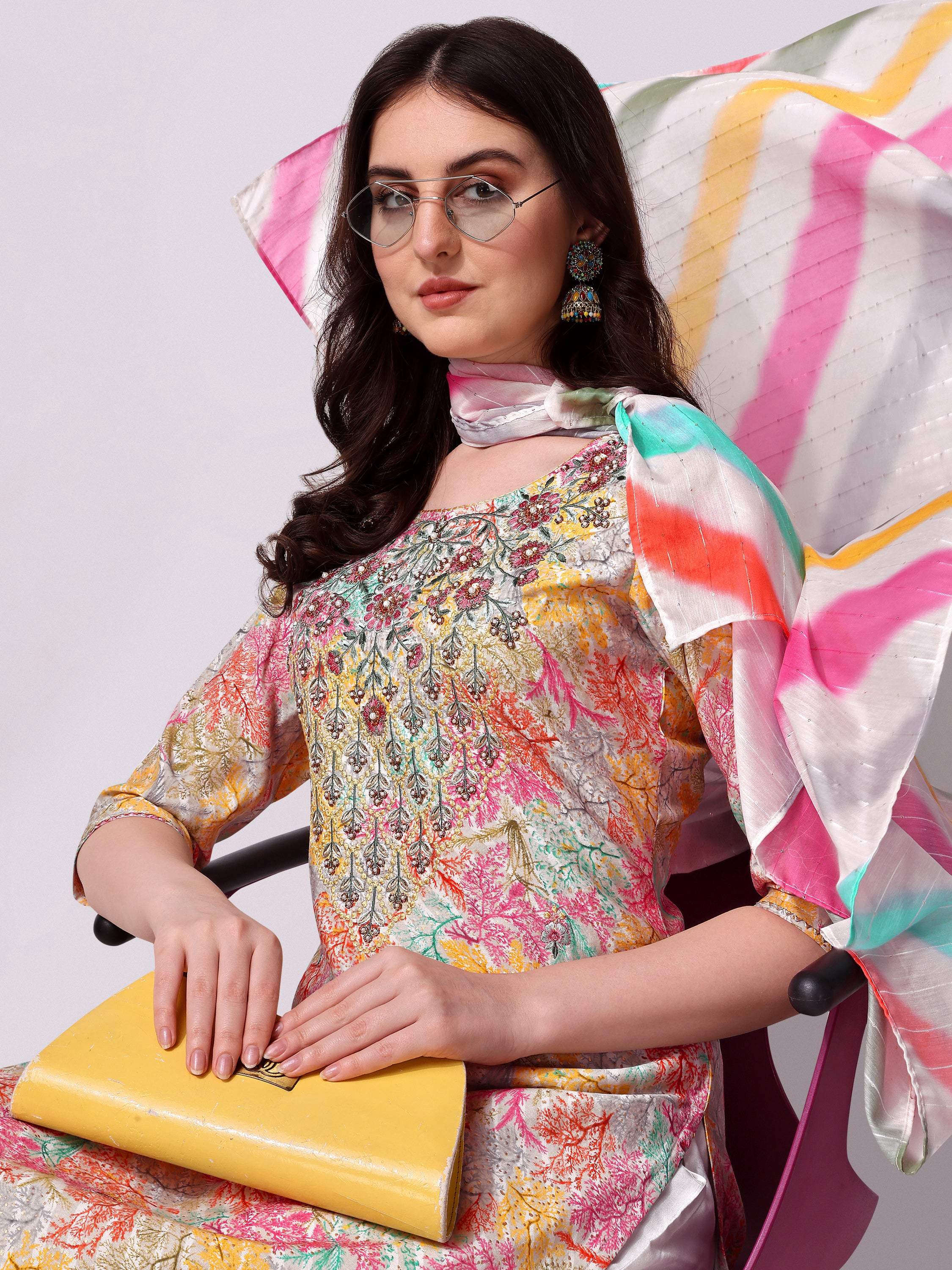 Multicolor Embroidered Kurta Pant & Printed Dupatta Set, Multicolor - Hiral Fashion | Grocsy