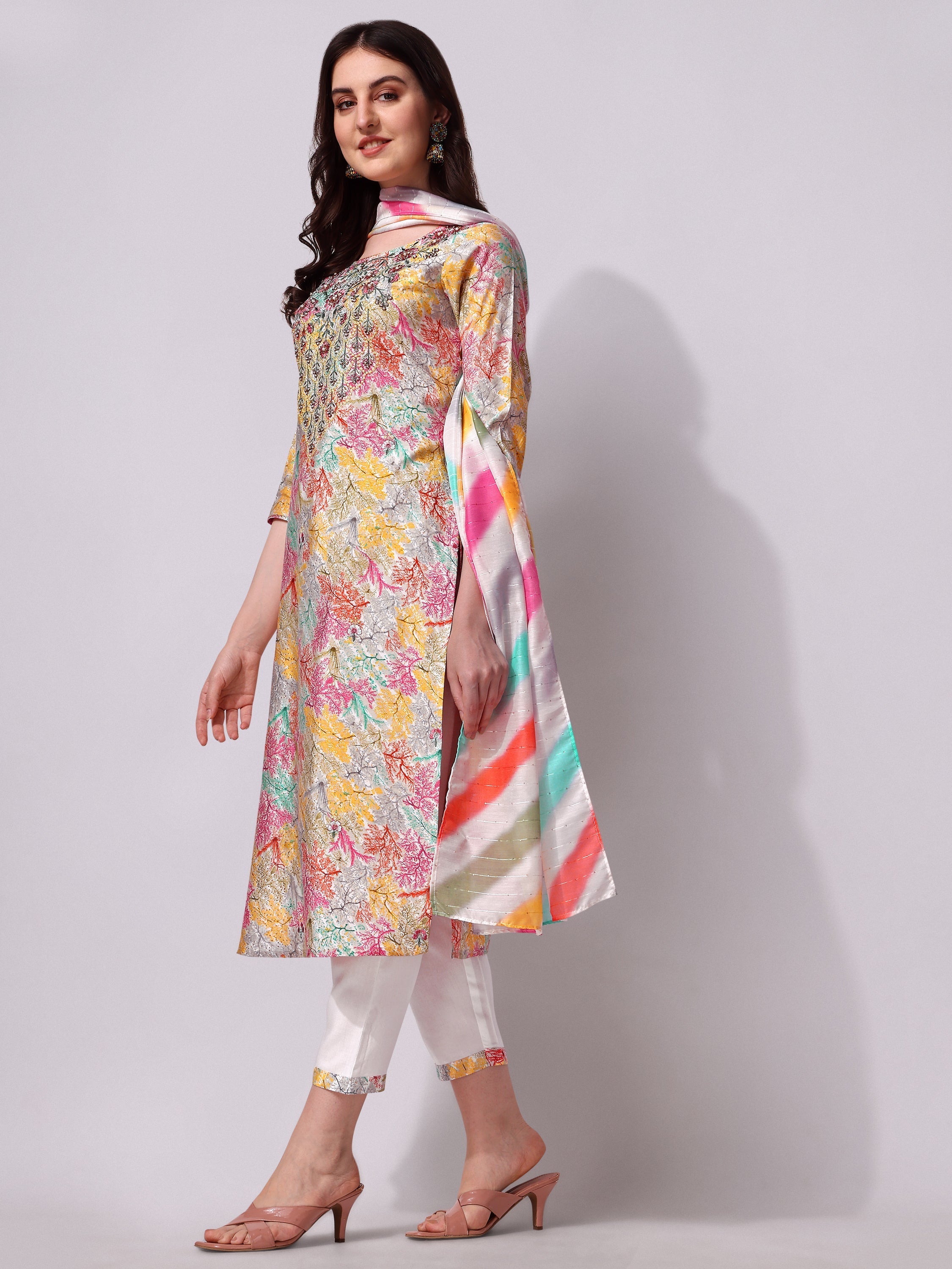 Multicolor Embroidered Kurta Pant & Printed Dupatta Set, Multicolor - Hiral Fashion | Grocsy