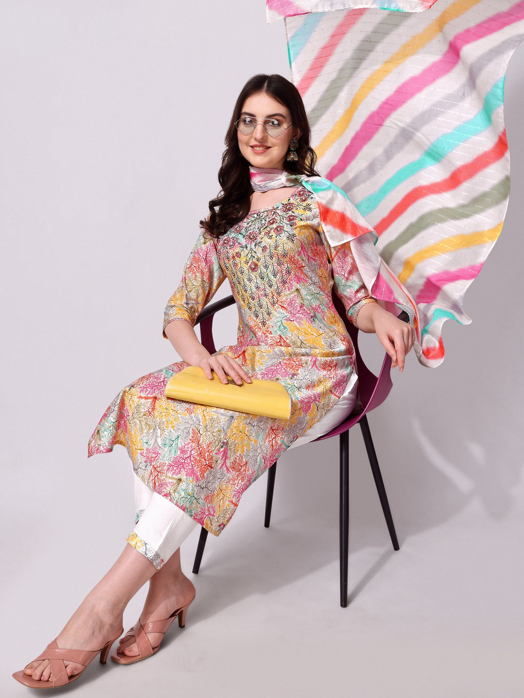 Multicolor Embroidered Kurta Pant & Printed Dupatta Set, Multicolor - Hiral Fashion | Grocsy
