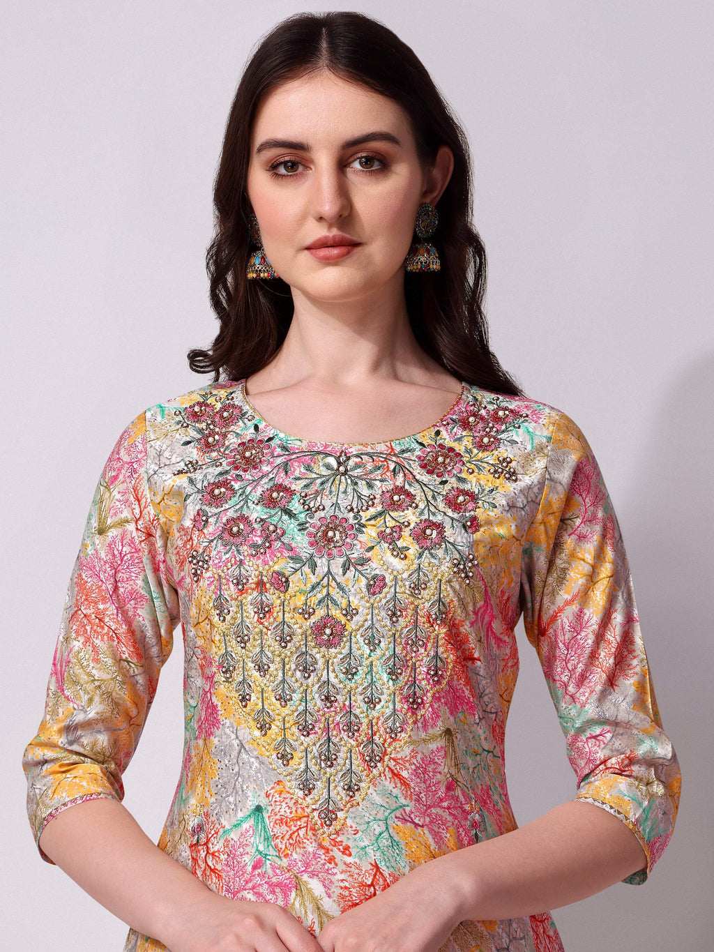 Multicolor Embroidered Kurta Pant & Printed Dupatta Set, Multicolor - Hiral Fashion | Grocsy