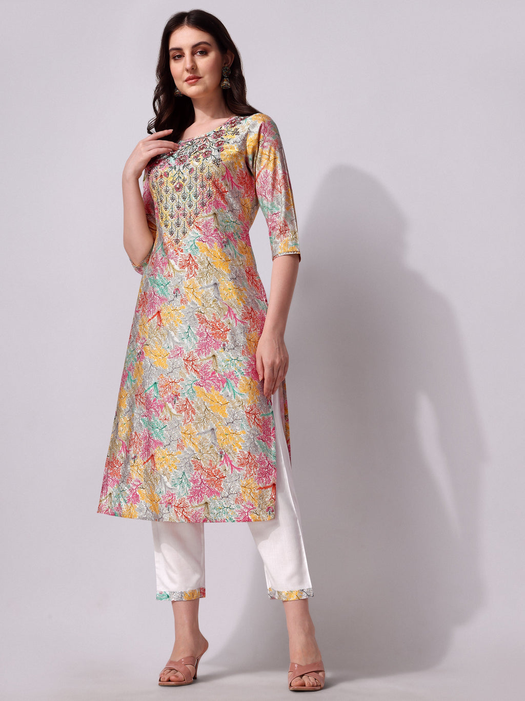 Multicolor Embroidered Kurta Pant & Printed Dupatta Set, Multicolor - Hiral Fashion | Grocsy