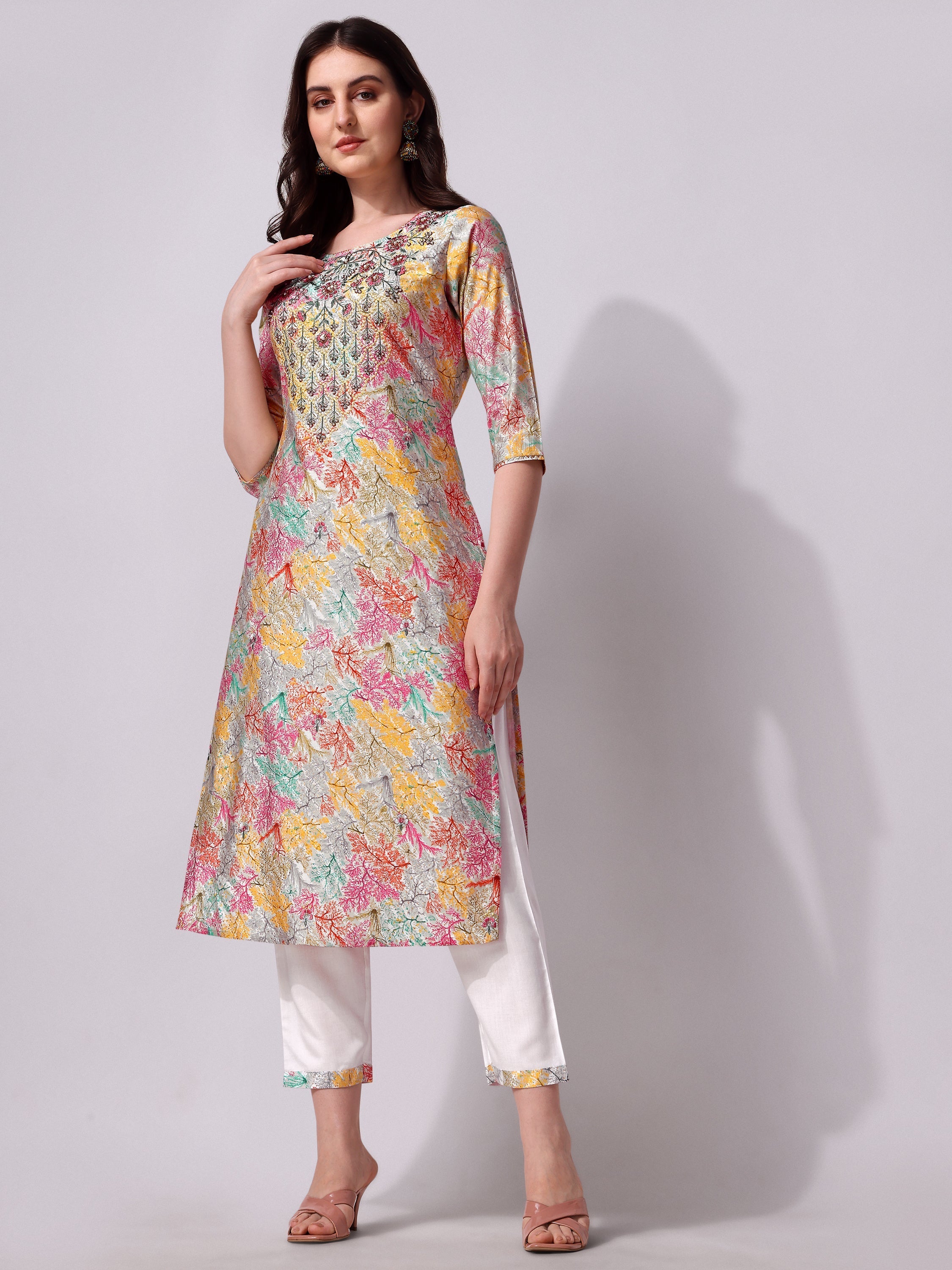 Multicolor Embroidered Kurta Pant & Printed Dupatta Set, Multicolor - Hiral Fashion | Grocsy