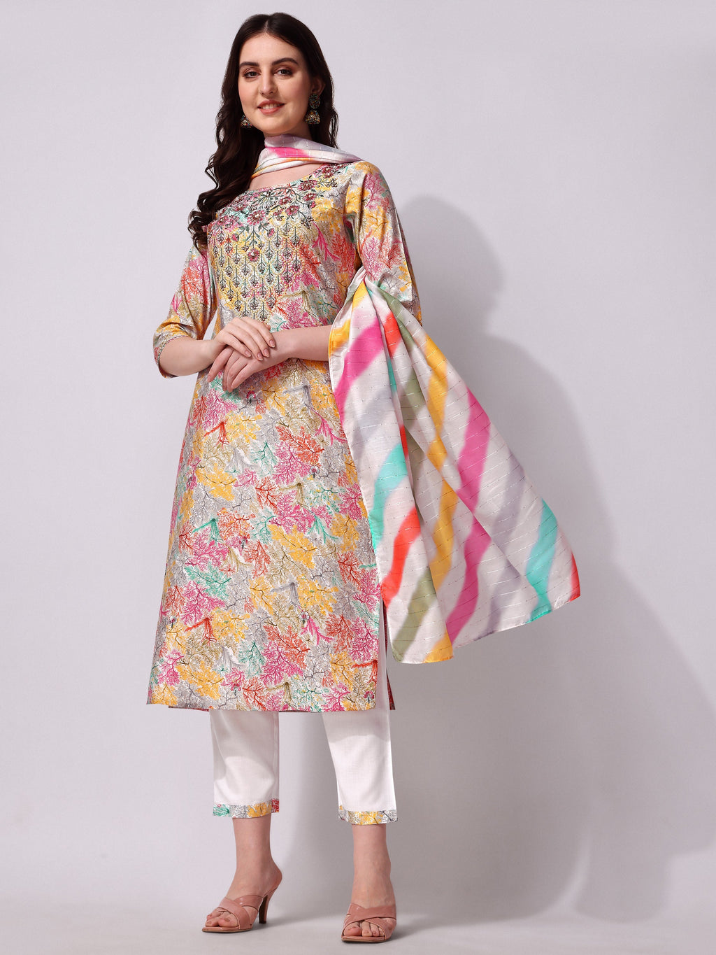 Multicolor Embroidered Kurta Pant & Printed Dupatta Set, Multicolor - Hiral Fashion | Grocsy