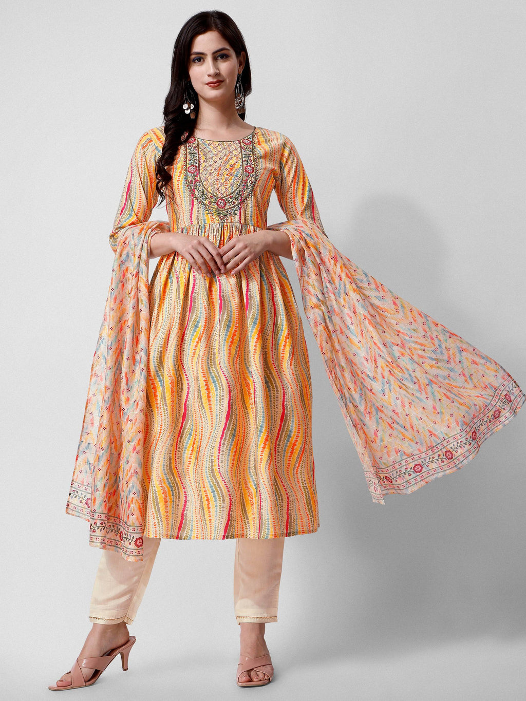 Nayra Cut Embroidered Kurta With Pant And Dupatta Set, Multicolor - Hiral Fashion | Grocsy