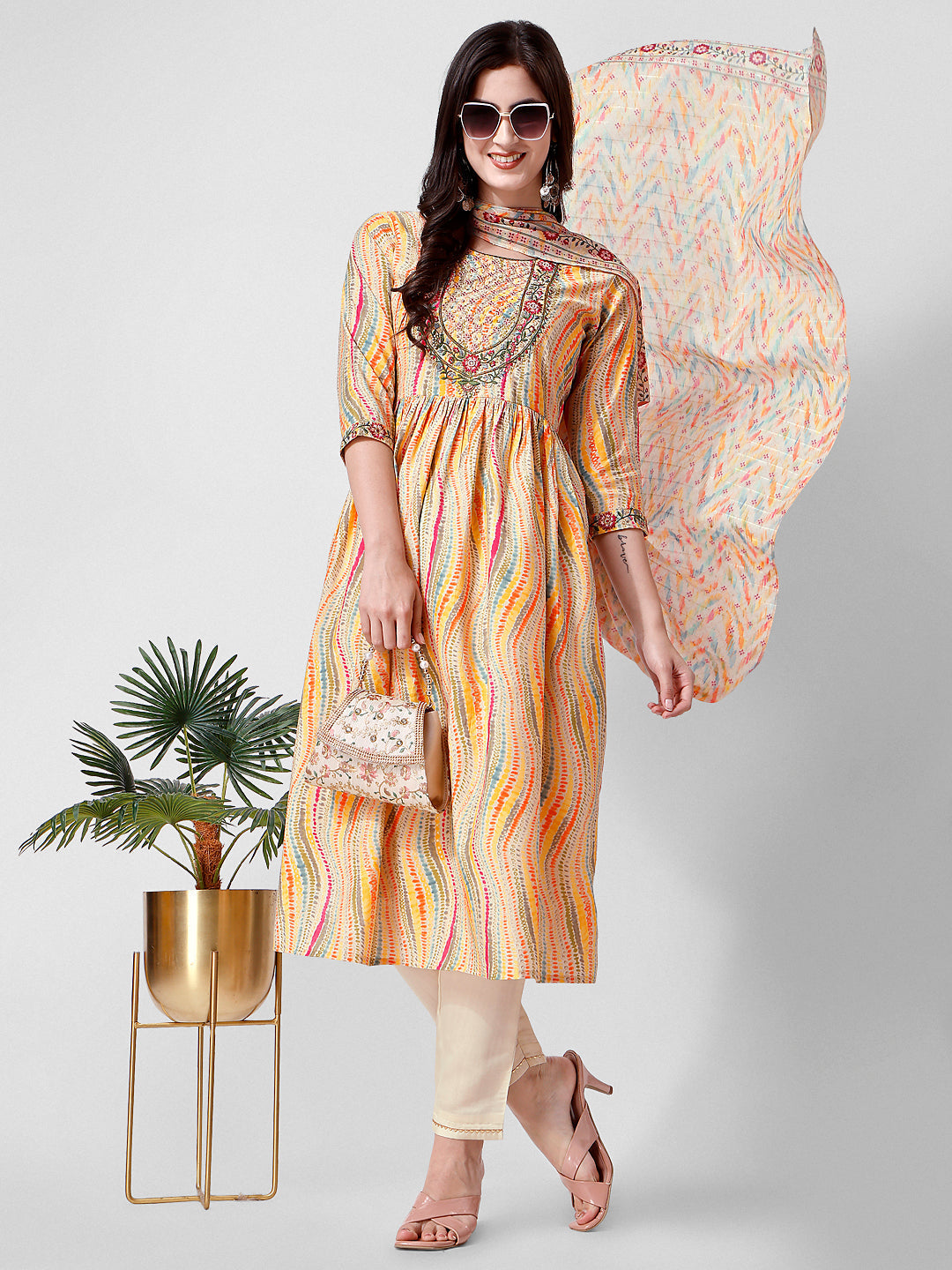 Nayra Cut Embroidered Kurta With Pant And Dupatta Set, Multicolor - Hiral Fashion | Grocsy